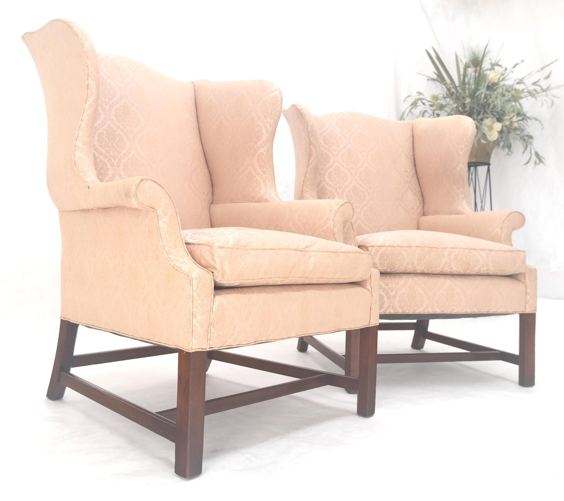 EstablishedLines Pair of Kittinger Style Tall Wingback Chairs Mint Frames as is Upholstery