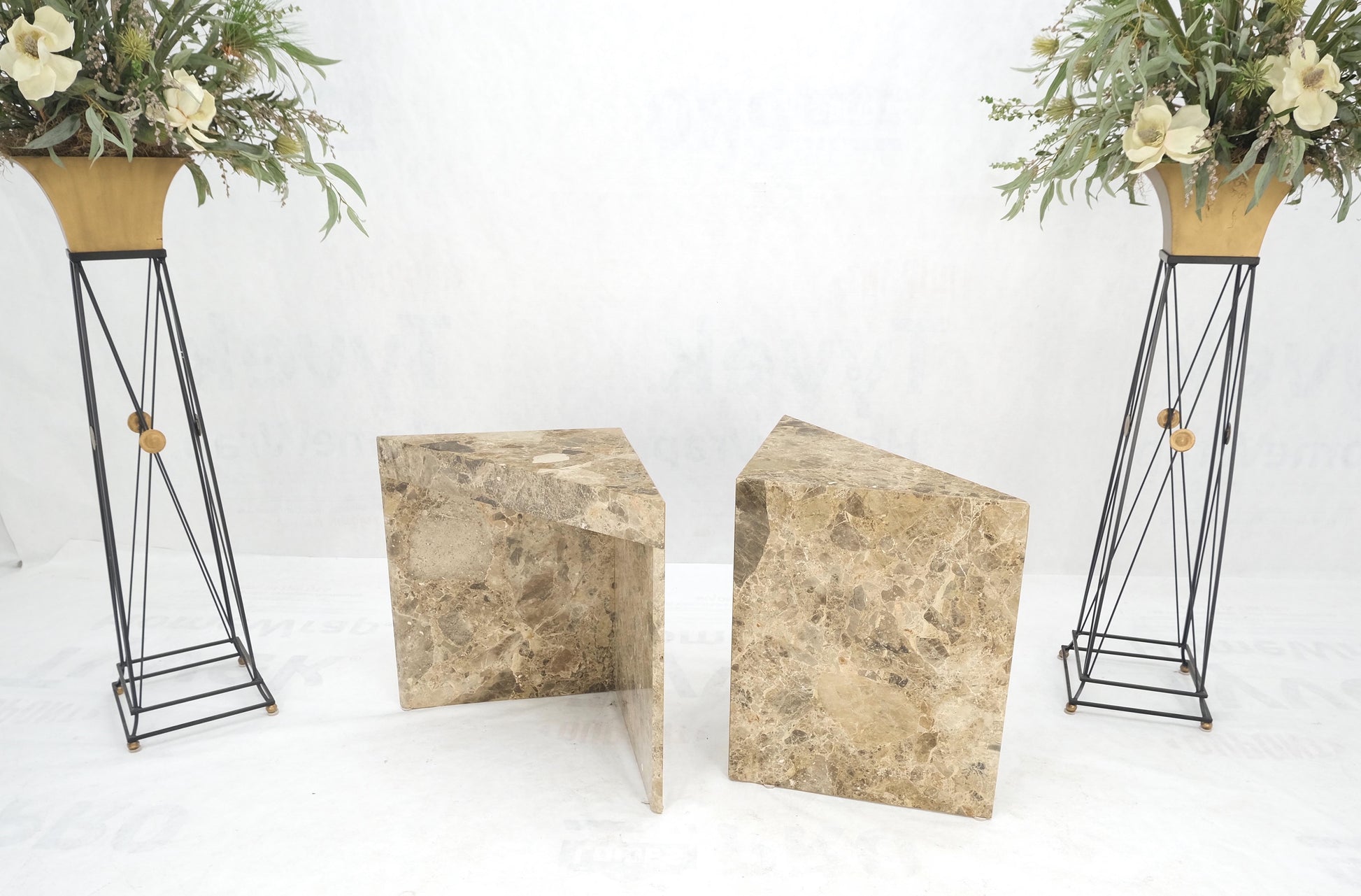 EstablishedLines Pair Midcentury Marble Onyx Triangle Shape End Side Tables Night Stands Mint!