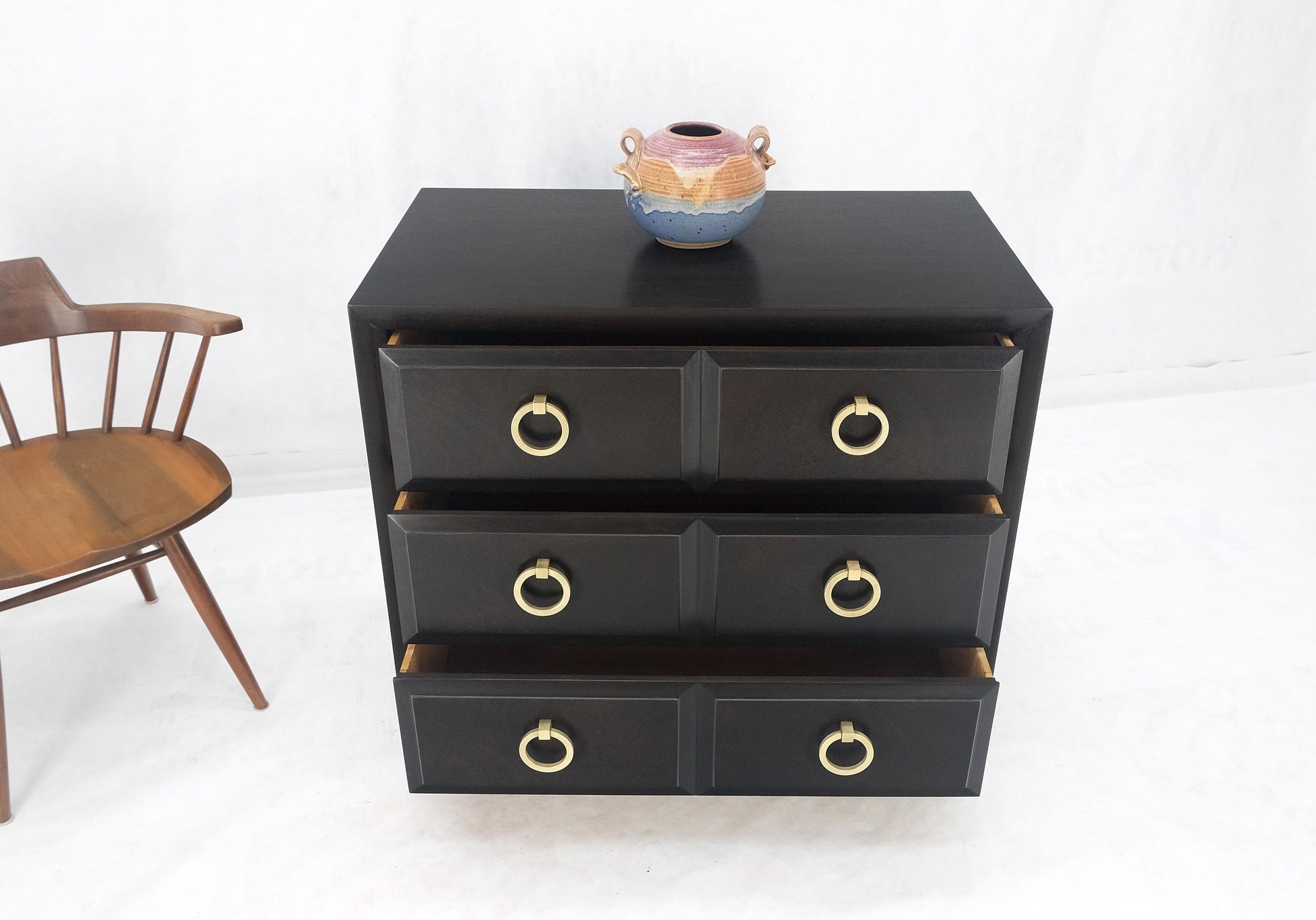 EstablishedLines Ebonized Walnut Large Gold Rings Drop Pulls 3 Drawer Bachelor Chest MINT!