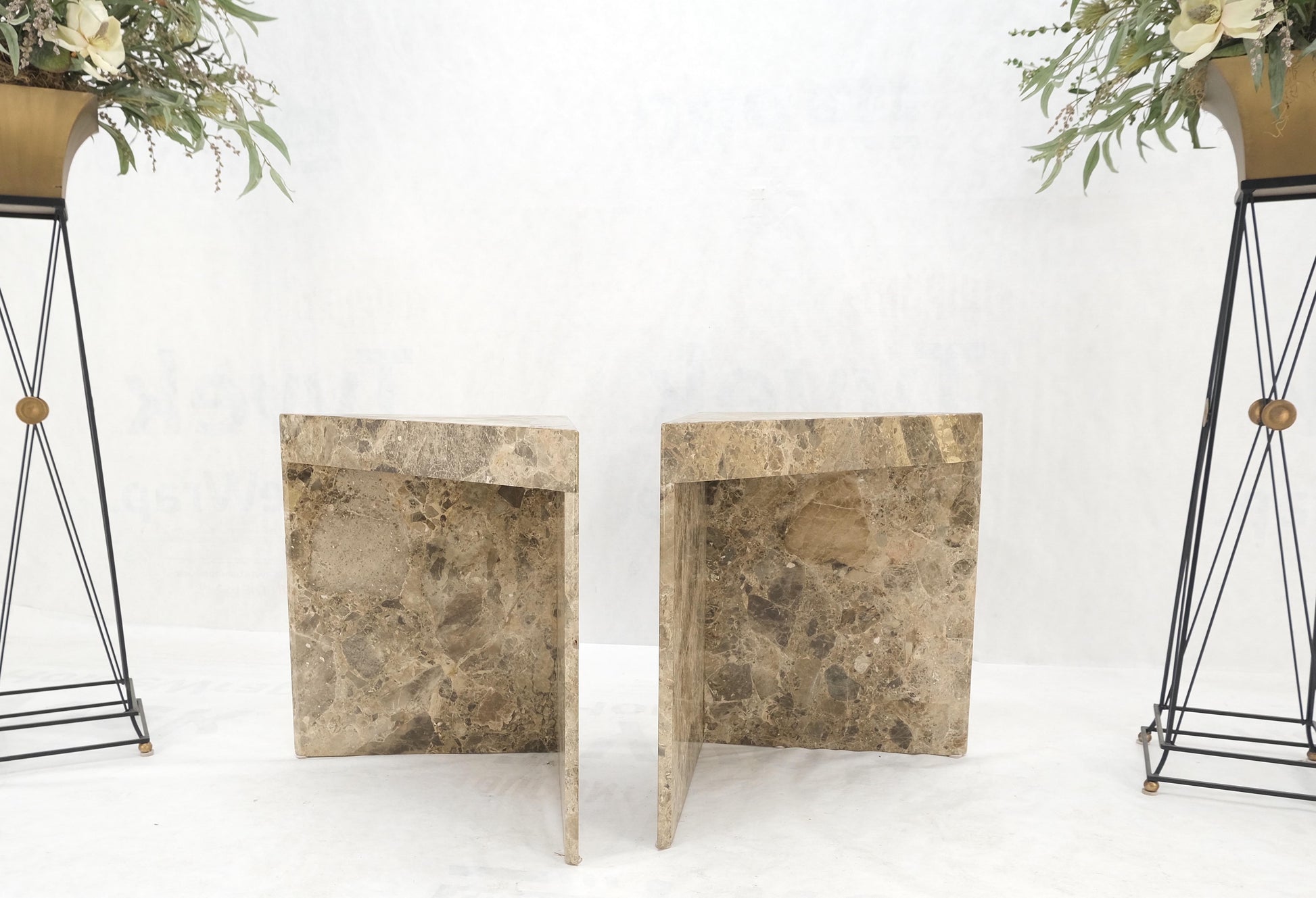 EstablishedLines Pair Midcentury Marble Onyx Triangle Shape End Side Tables Night Stands Mint!