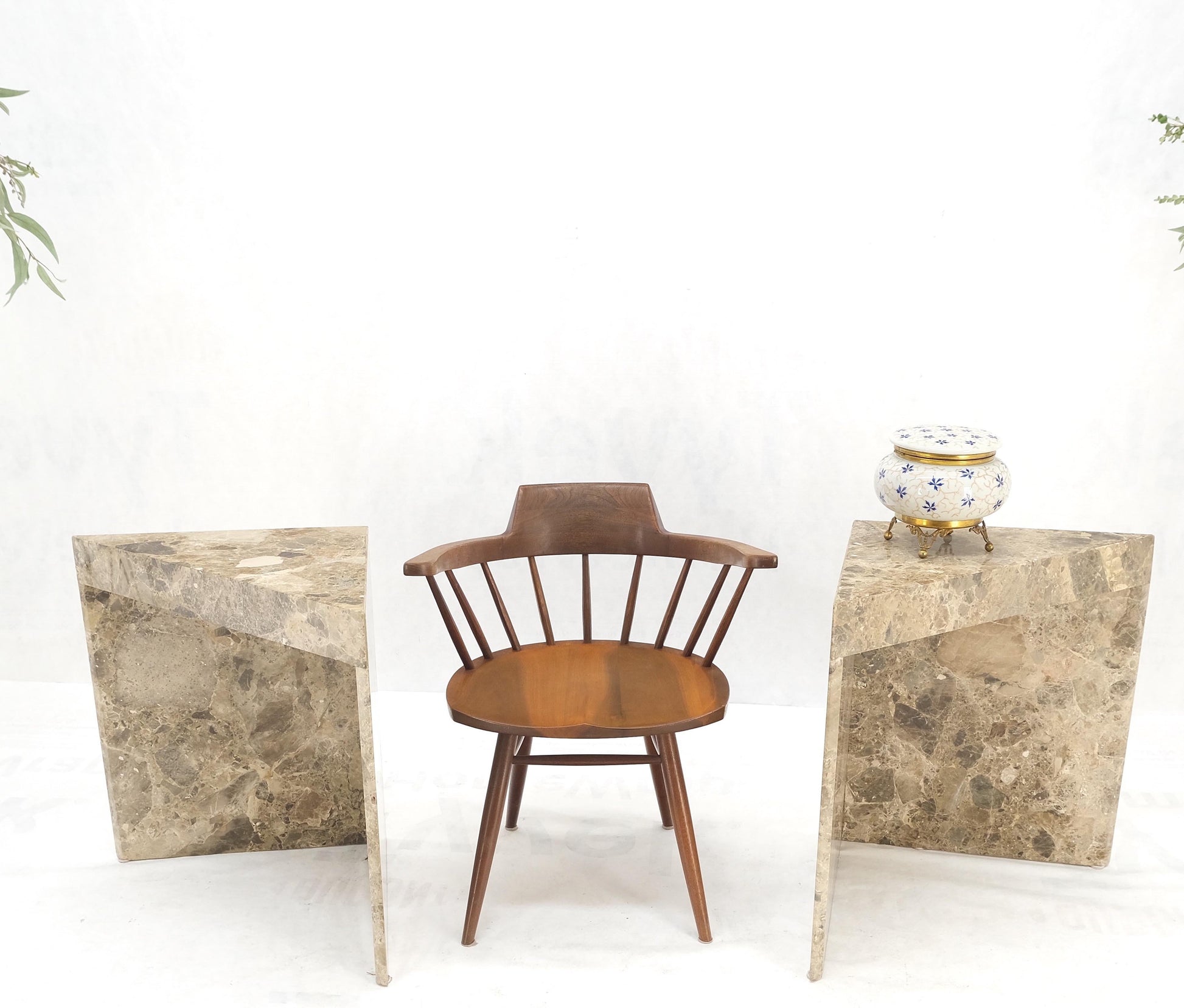 EstablishedLines Pair Midcentury Marble Onyx Triangle Shape End Side Tables Night Stands Mint!