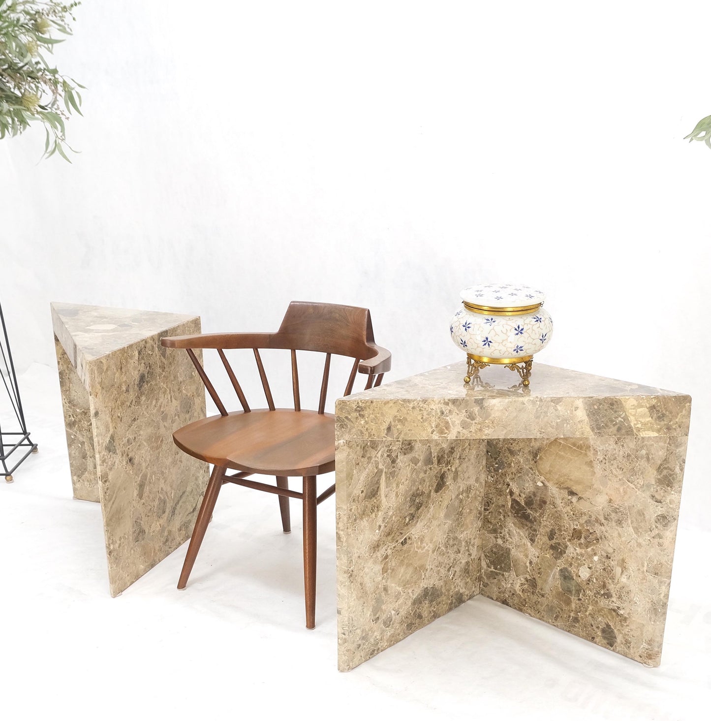 EstablishedLines Pair Midcentury Marble Onyx Triangle Shape End Side Tables Night Stands Mint!