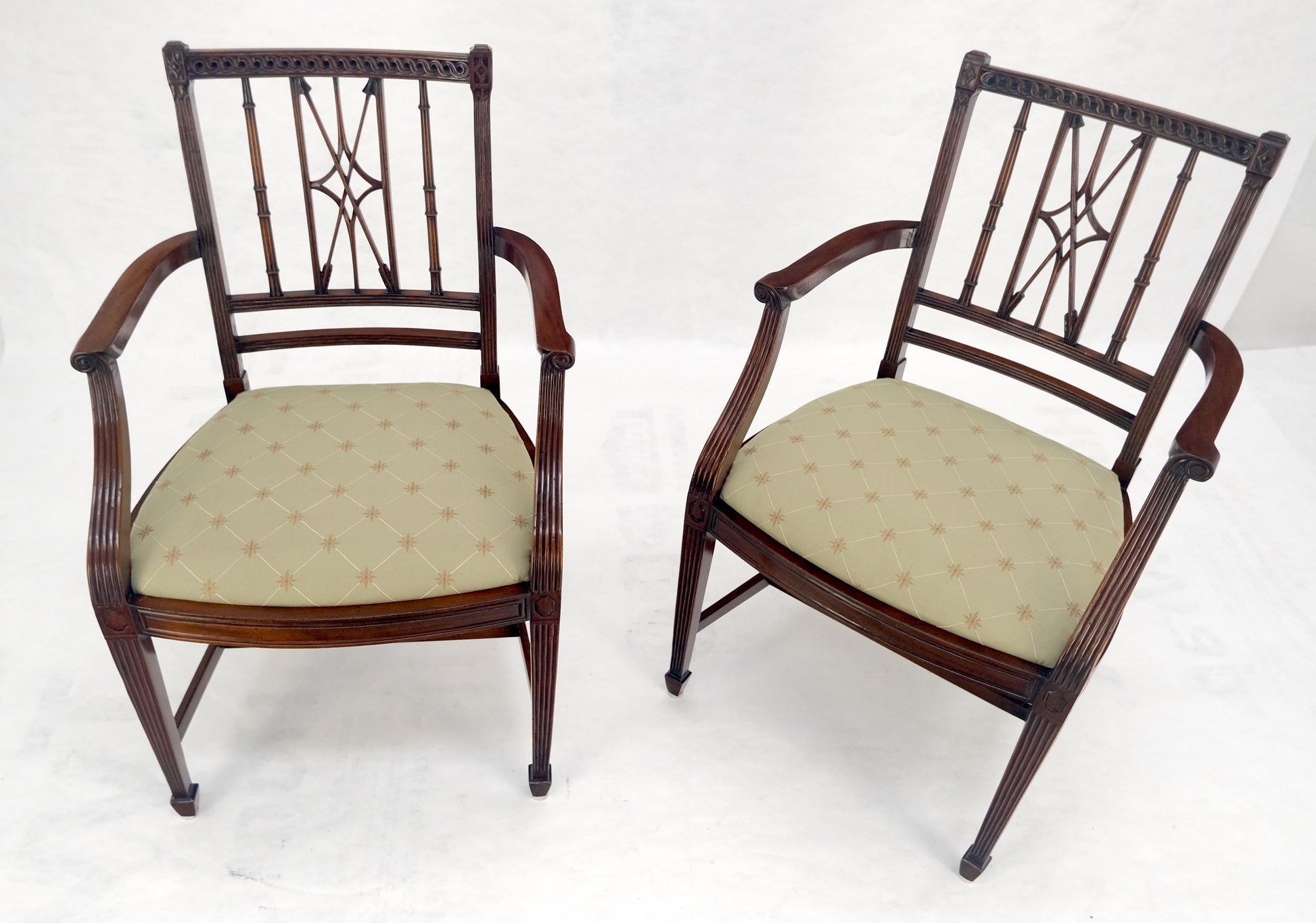 EstablishedLines Pair of Very Fine Carved Mahogany Open Arm Faux Bamboo Arrows Armchairs MINT