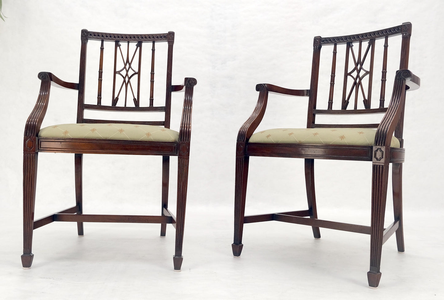 EstablishedLines Pair of Very Fine Carved Mahogany Open Arm Faux Bamboo Arrows Armchairs MINT