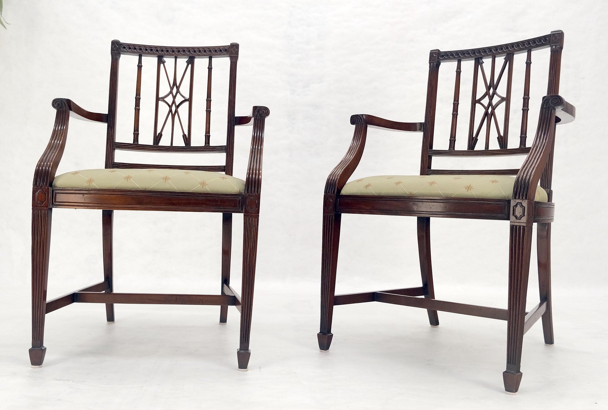 EstablishedLines Pair of Very Fine Carved Mahogany Open Arm Faux Bamboo Arrows Armchairs MINT