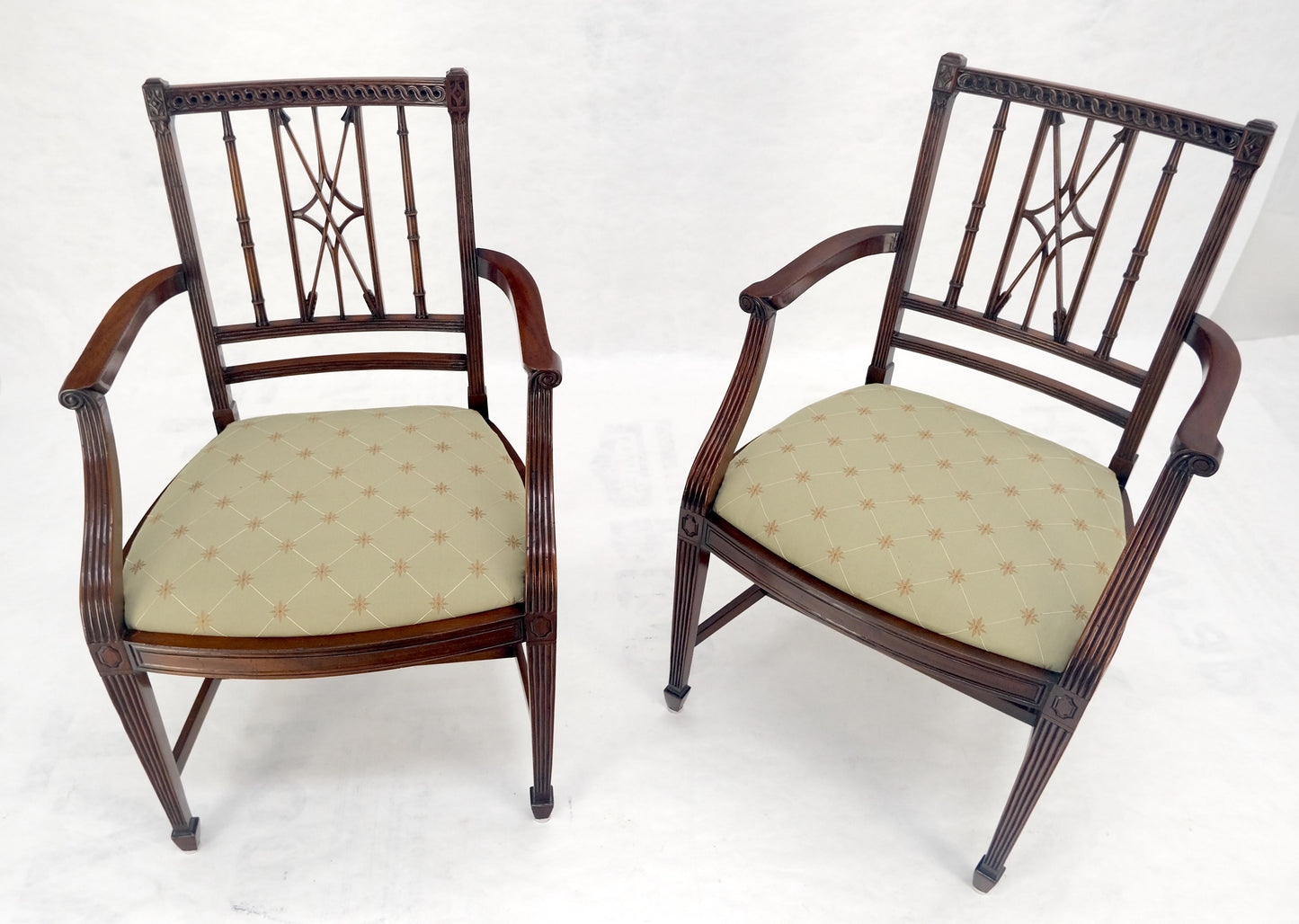 EstablishedLines Pair of Very Fine Carved Mahogany Open Arm Faux Bamboo Arrows Armchairs MINT