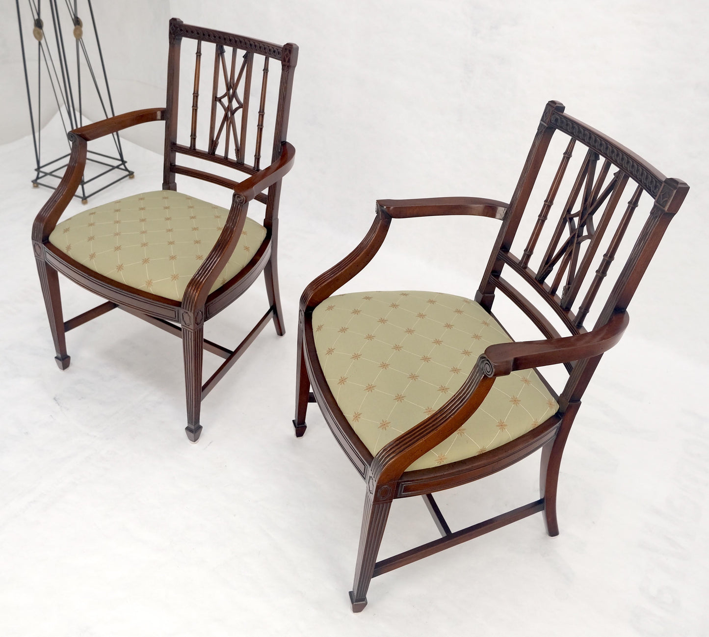 EstablishedLines Pair of Very Fine Carved Mahogany Open Arm Faux Bamboo Arrows Armchairs MINT