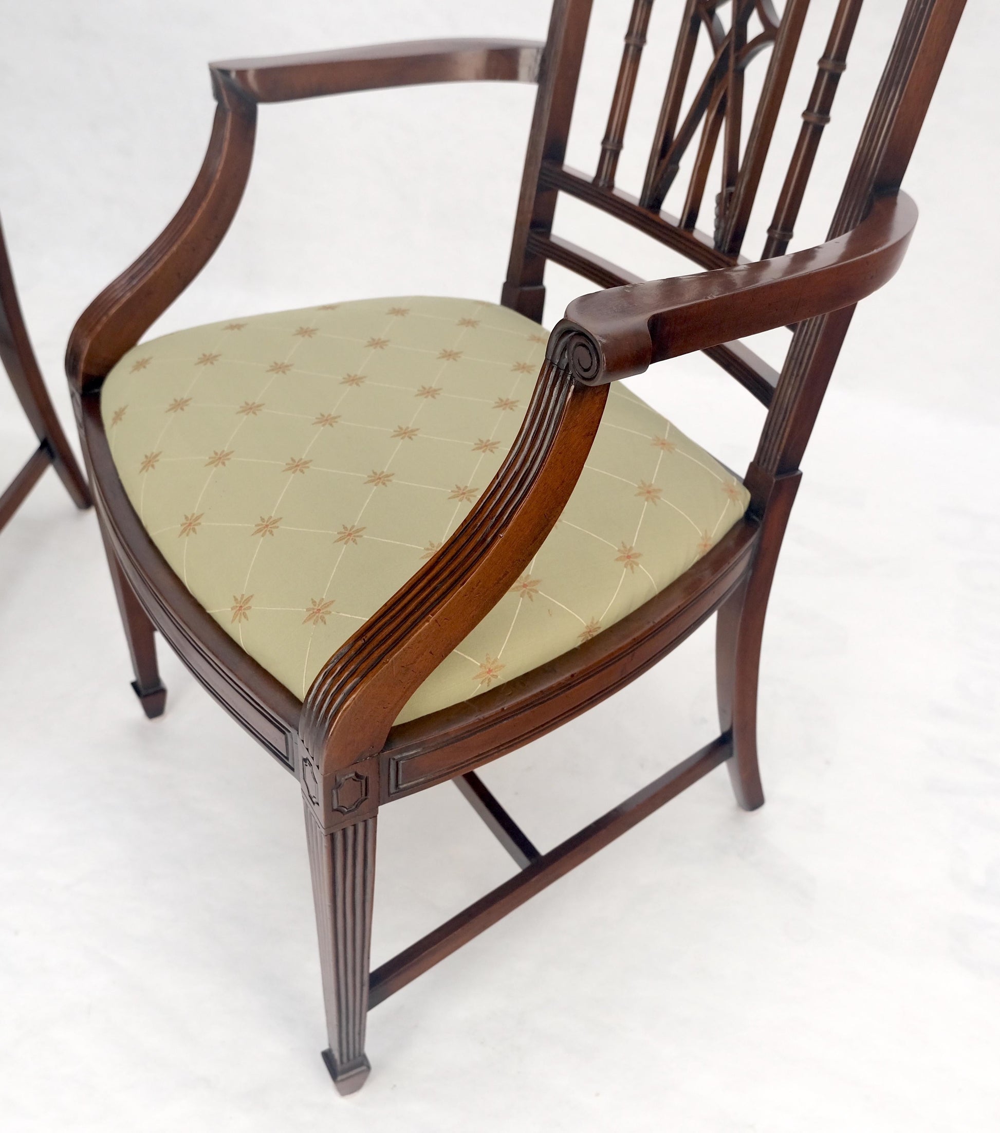 EstablishedLines Pair of Very Fine Carved Mahogany Open Arm Faux Bamboo Arrows Armchairs MINT