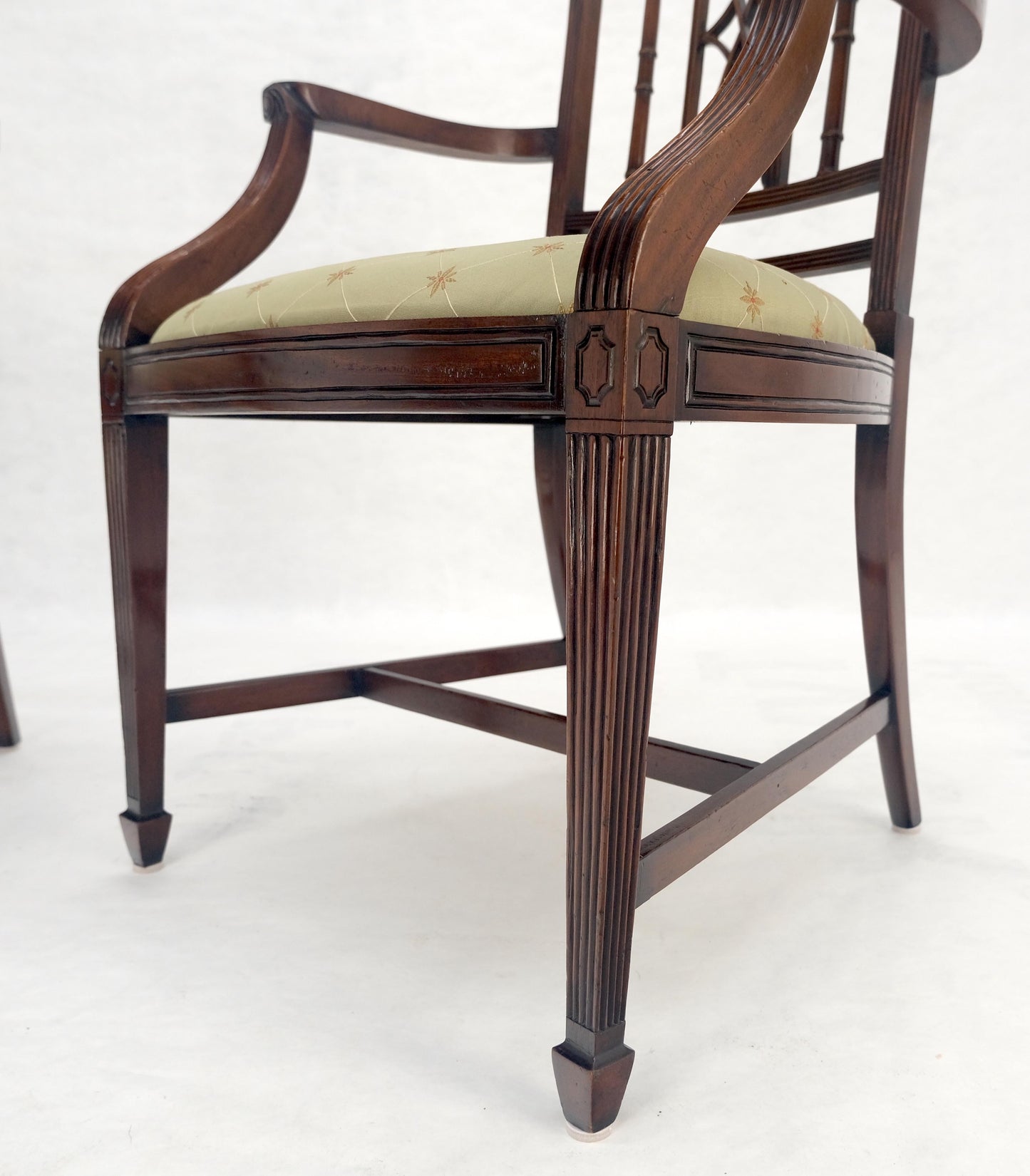 EstablishedLines Pair of Very Fine Carved Mahogany Open Arm Faux Bamboo Arrows Armchairs MINT