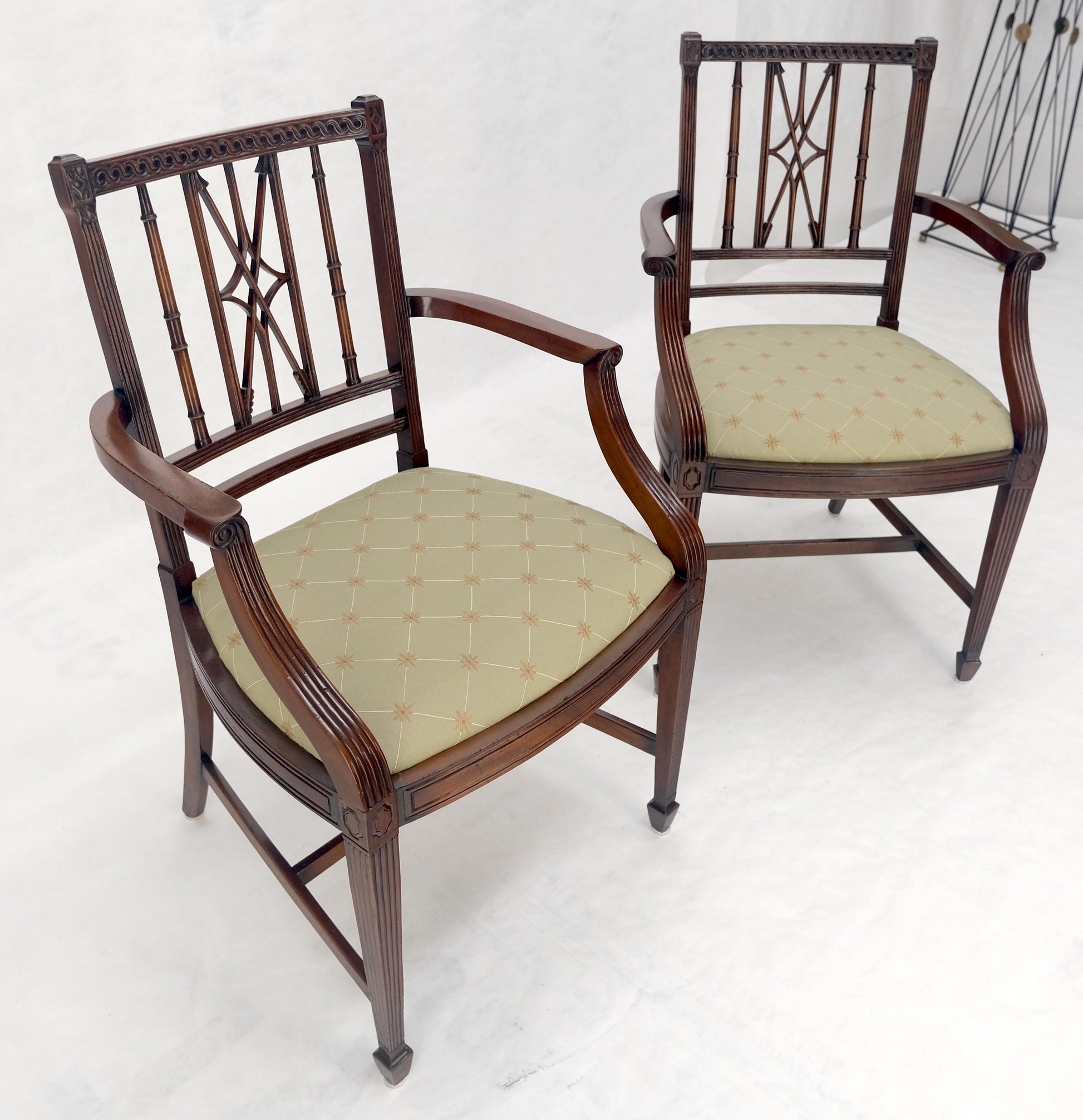 EstablishedLines Pair of Very Fine Carved Mahogany Open Arm Faux Bamboo Arrows Armchairs MINT