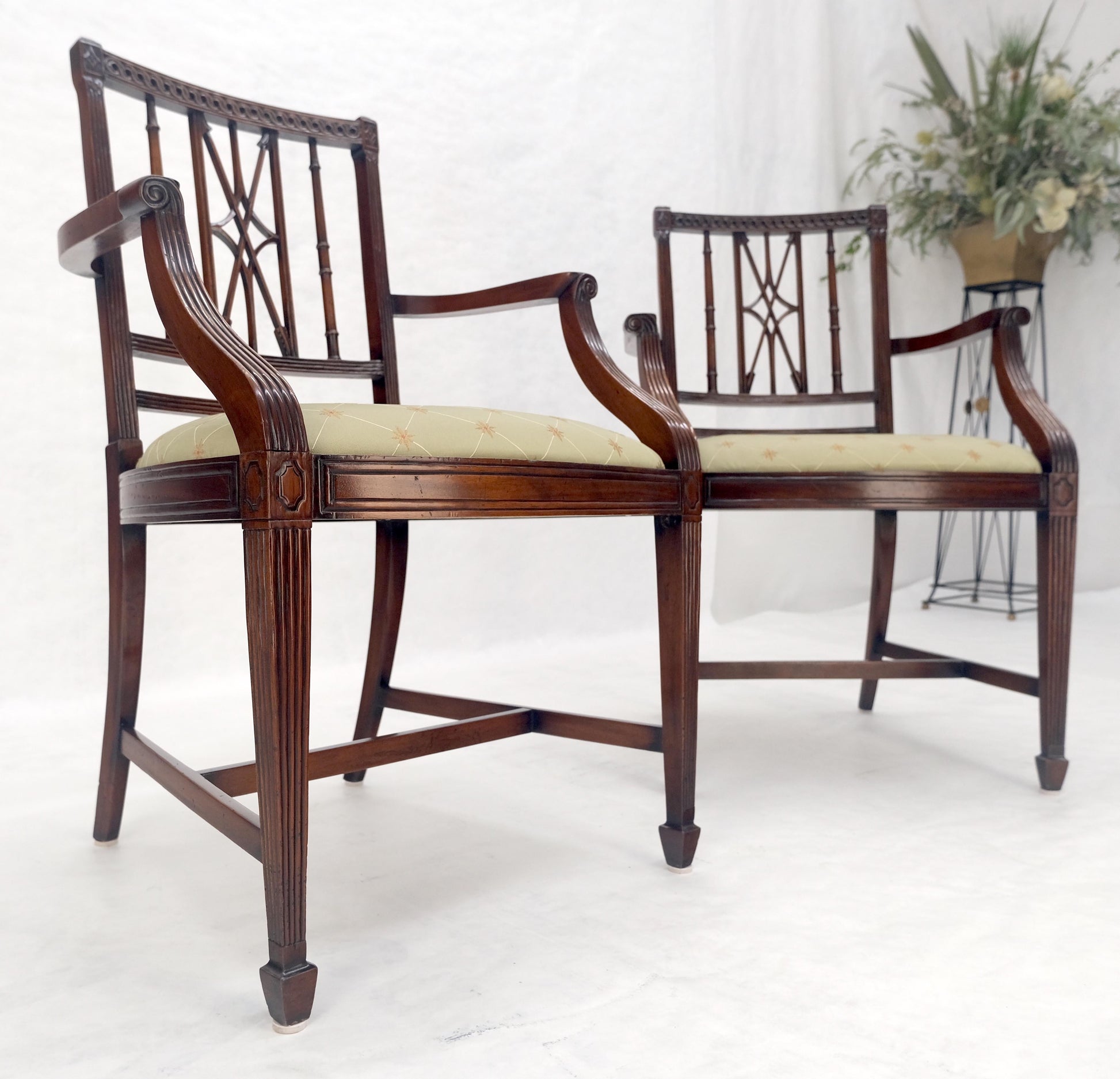 EstablishedLines Pair of Very Fine Carved Mahogany Open Arm Faux Bamboo Arrows Armchairs MINT