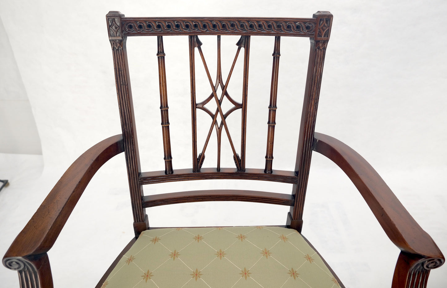 EstablishedLines Pair of Very Fine Carved Mahogany Open Arm Faux Bamboo Arrows Armchairs MINT