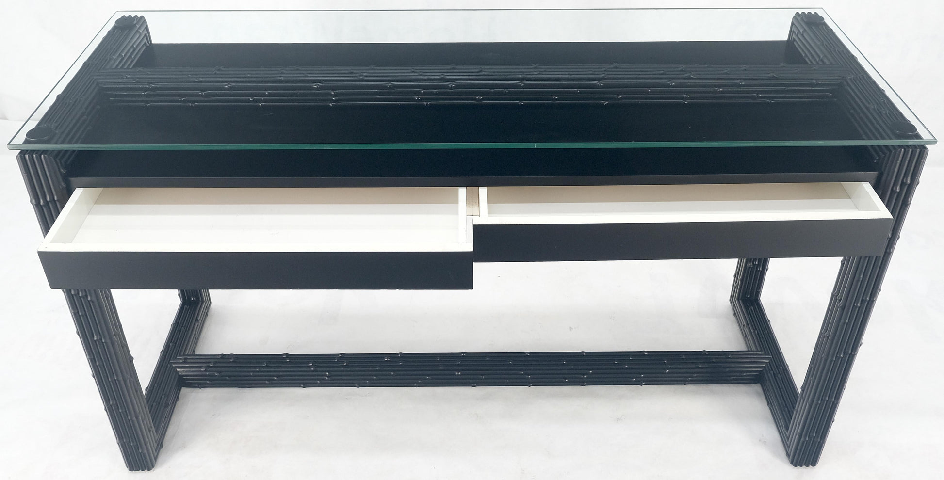 EstablishedLines Ebonized Faux Bamboo Reed Two Door Glass Top Console Sofa Table MINT!