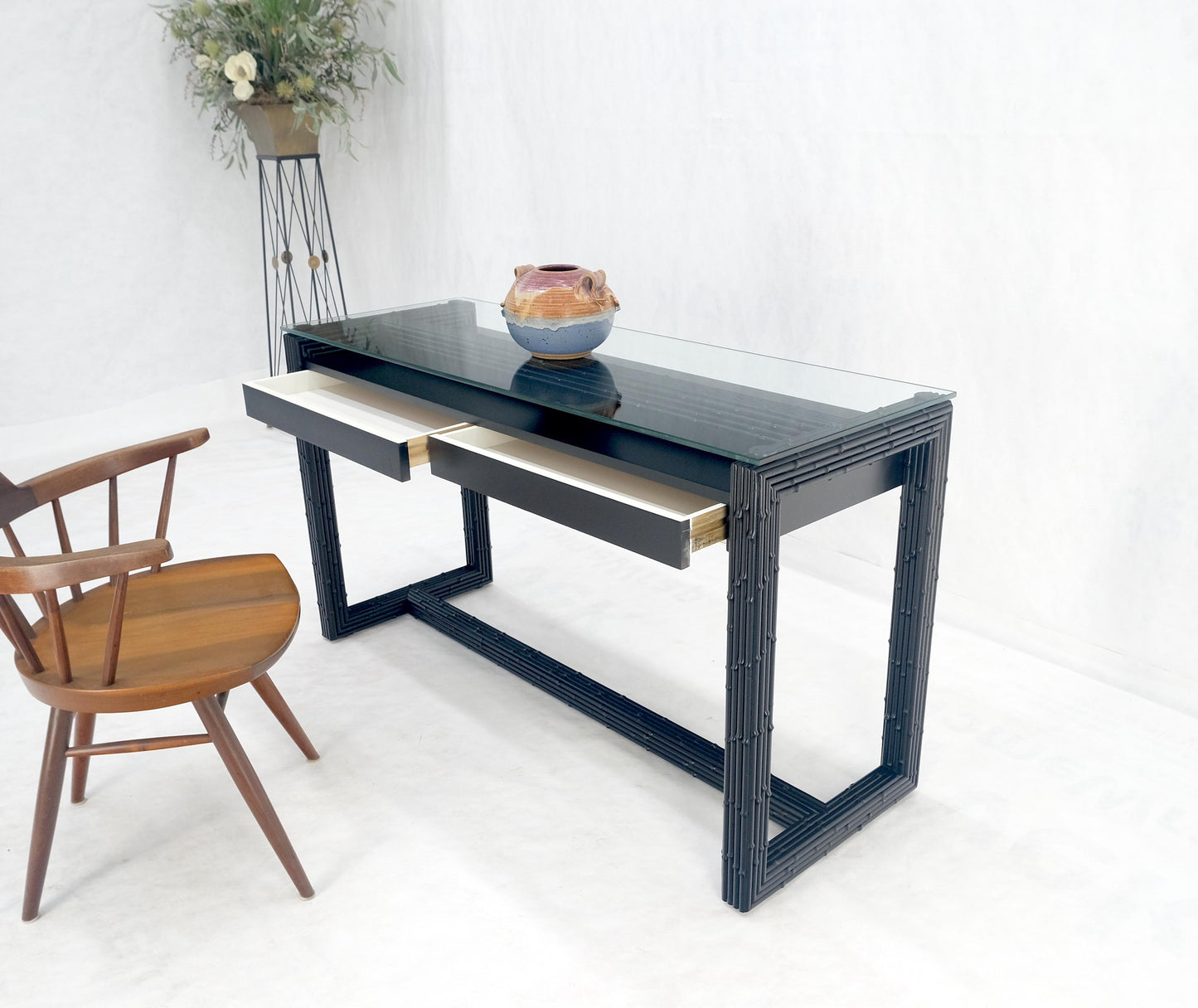 EstablishedLines Ebonized Faux Bamboo Reed Two Door Glass Top Console Sofa Table MINT!