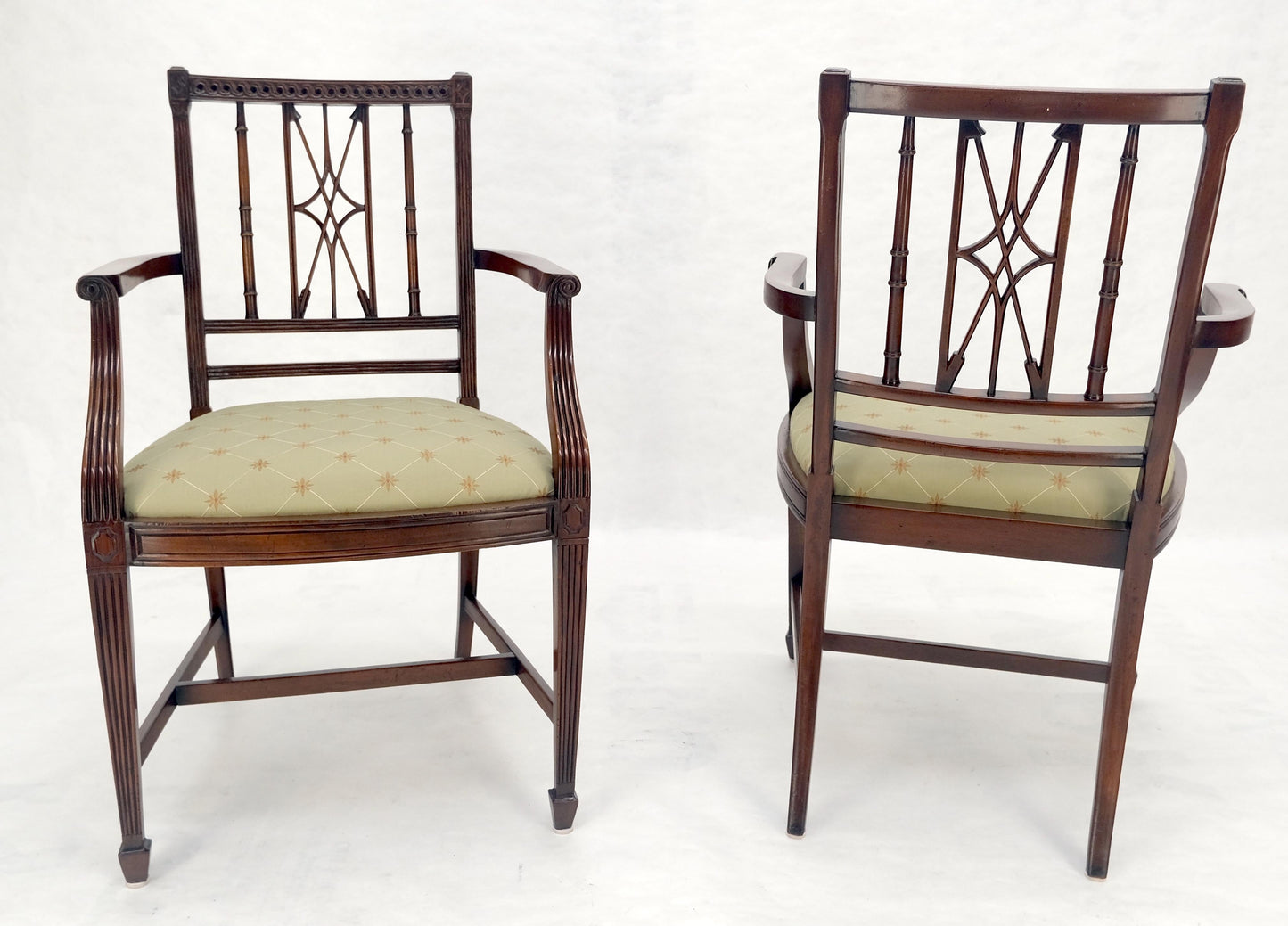 EstablishedLines Pair of Very Fine Carved Mahogany Open Arm Faux Bamboo Arrows Armchairs MINT