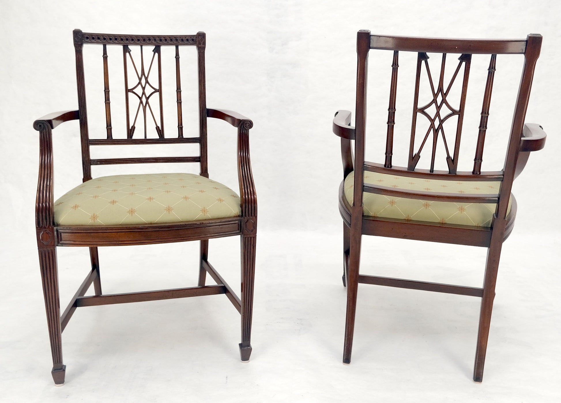 EstablishedLines Pair of Very Fine Carved Mahogany Open Arm Faux Bamboo Arrows Armchairs MINT