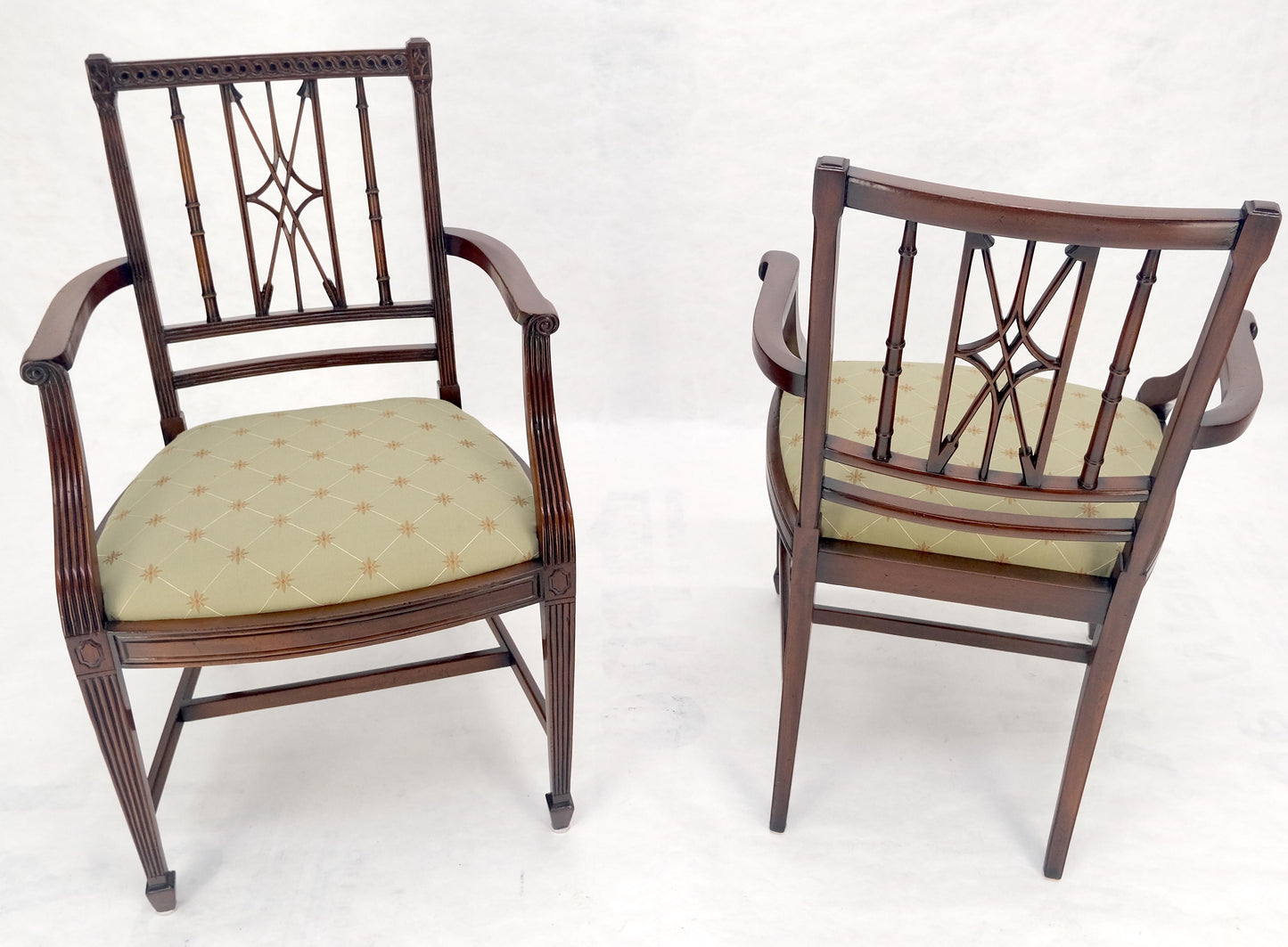 EstablishedLines Pair of Very Fine Carved Mahogany Open Arm Faux Bamboo Arrows Armchairs MINT