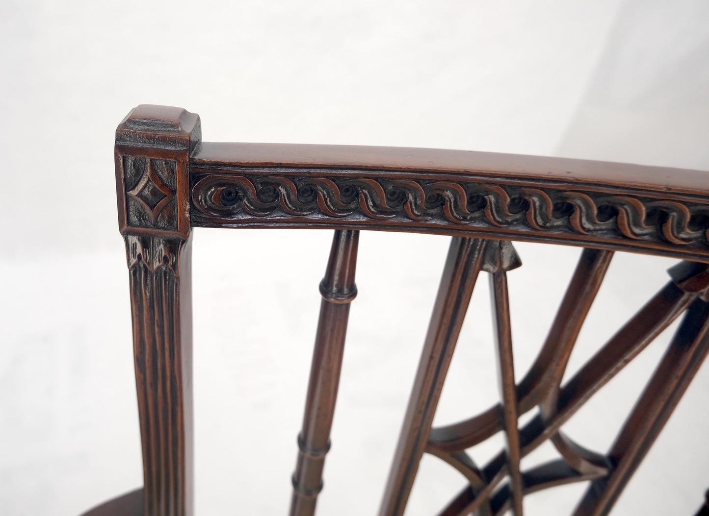EstablishedLines Pair of Very Fine Carved Mahogany Open Arm Faux Bamboo Arrows Armchairs MINT