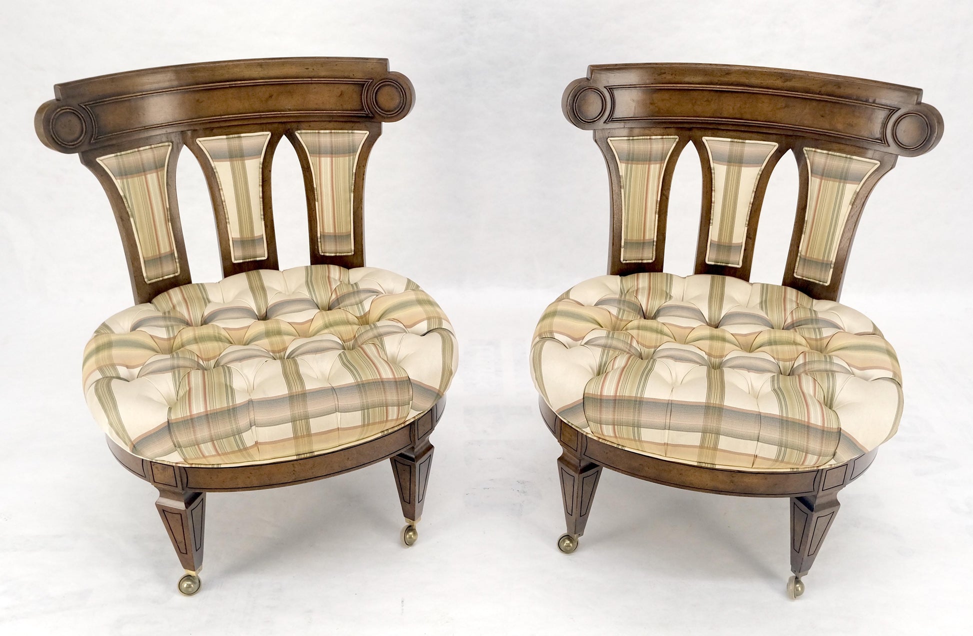 EstablishedLines Pair of Tufted Seats Burl Wood Back Oval Seats Slipper Chairs on Caters MINT