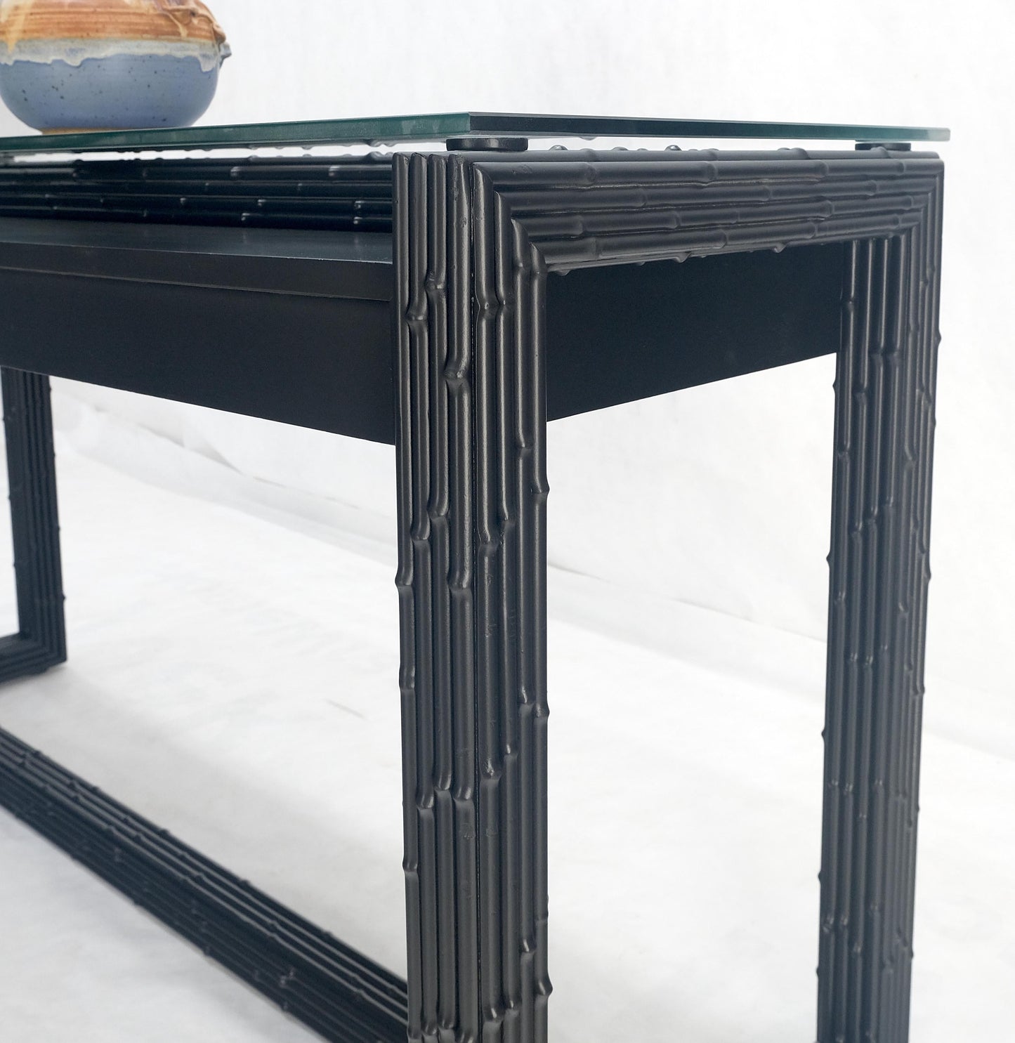 EstablishedLines Ebonized Faux Bamboo Reed Two Door Glass Top Console Sofa Table MINT!