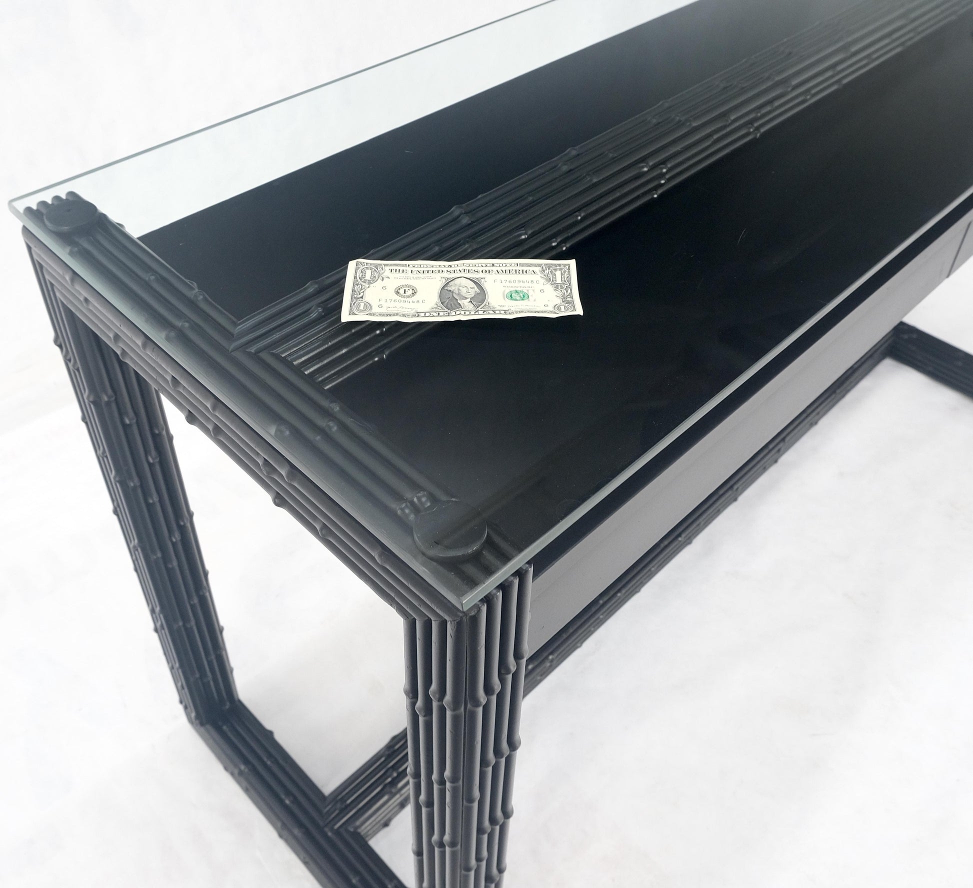 EstablishedLines Ebonized Faux Bamboo Reed Two Door Glass Top Console Sofa Table MINT!