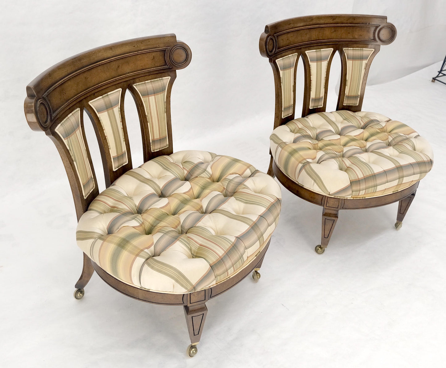 EstablishedLines Pair of Tufted Seats Burl Wood Back Oval Seats Slipper Chairs on Caters MINT