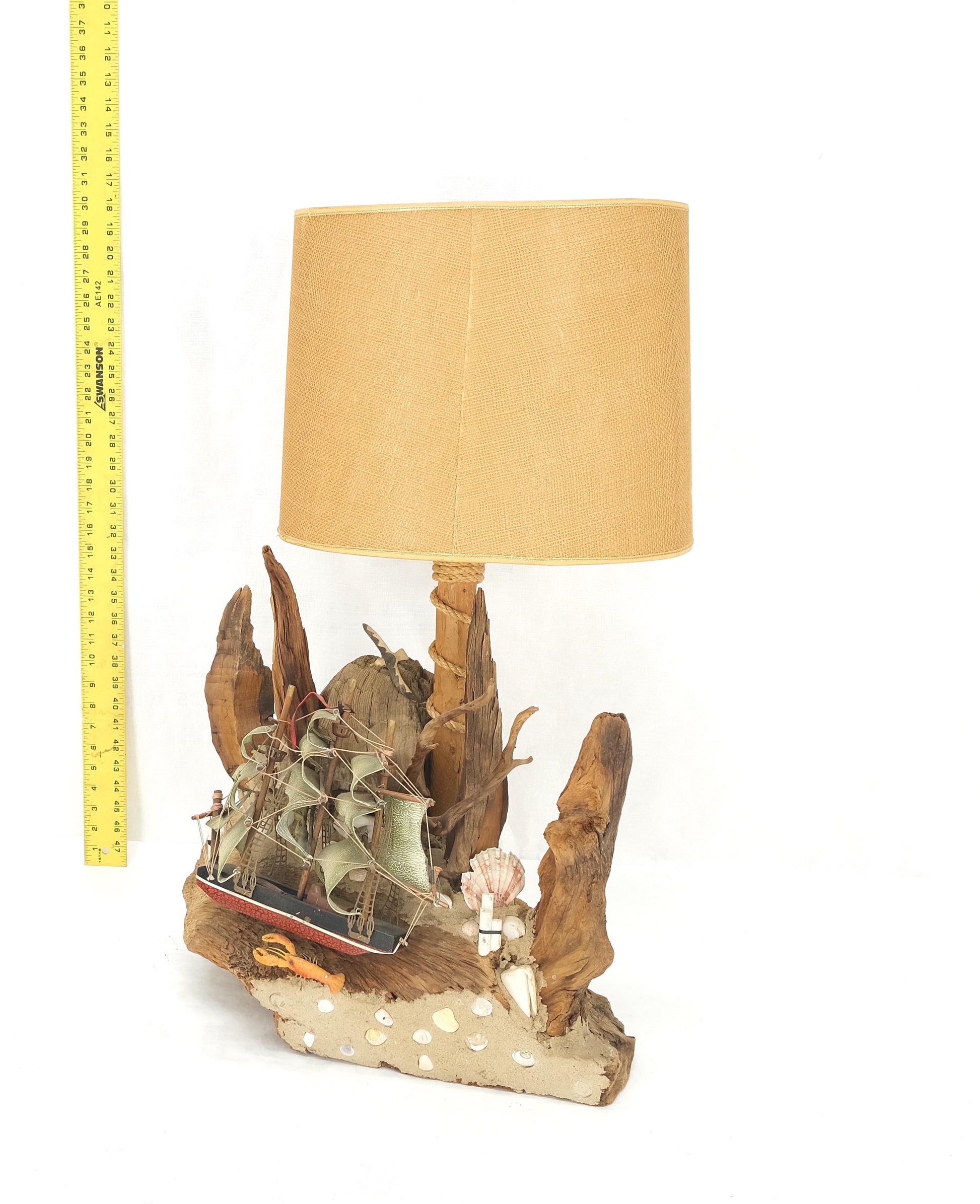EstablishedLines Sea Naval Shells Theme Decorated Driftwood Base Table Lamp Mid-Century Modern