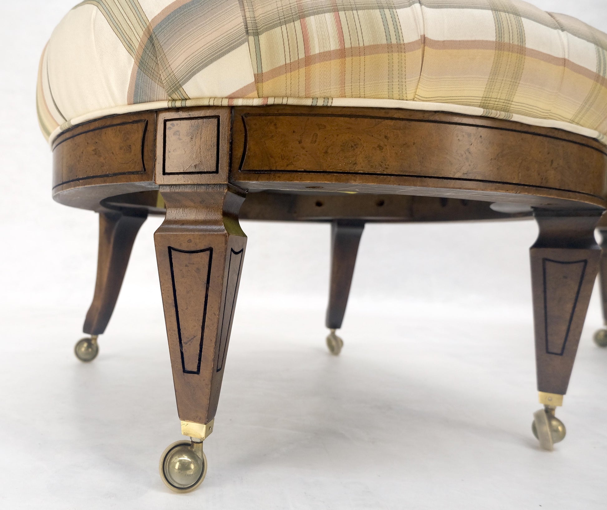 EstablishedLines Pair of Tufted Seats Burl Wood Back Oval Seats Slipper Chairs on Caters MINT