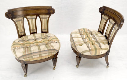 EstablishedLines Pair of Tufted Seats Burl Wood Back Oval Seats Slipper Chairs on Caters MINT