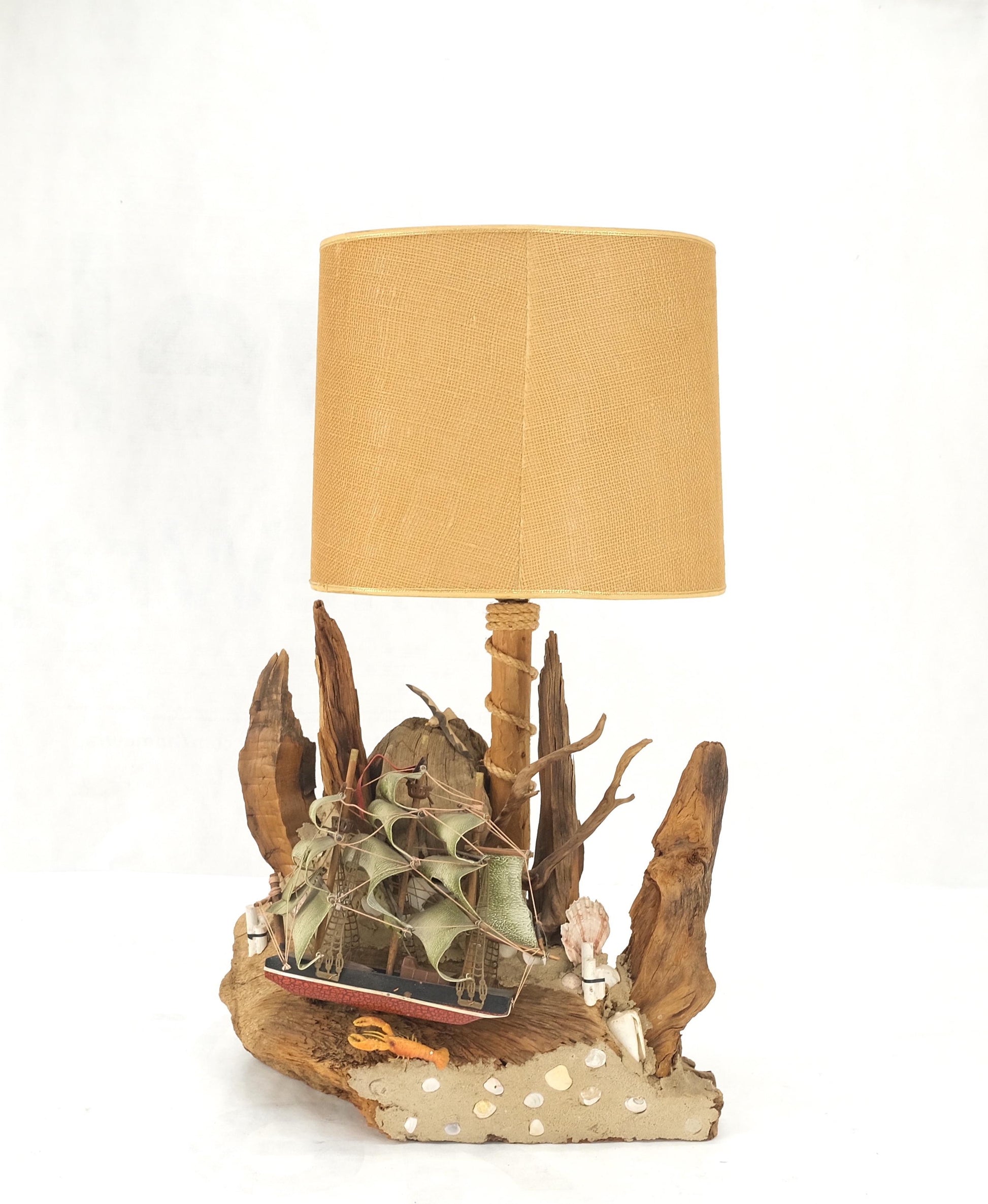 EstablishedLines Sea Naval Shells Theme Decorated Driftwood Base Table Lamp Mid-Century Modern