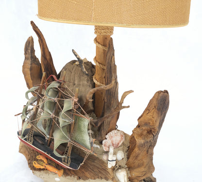 EstablishedLines Sea Naval Shells Theme Decorated Driftwood Base Table Lamp Mid-Century Modern