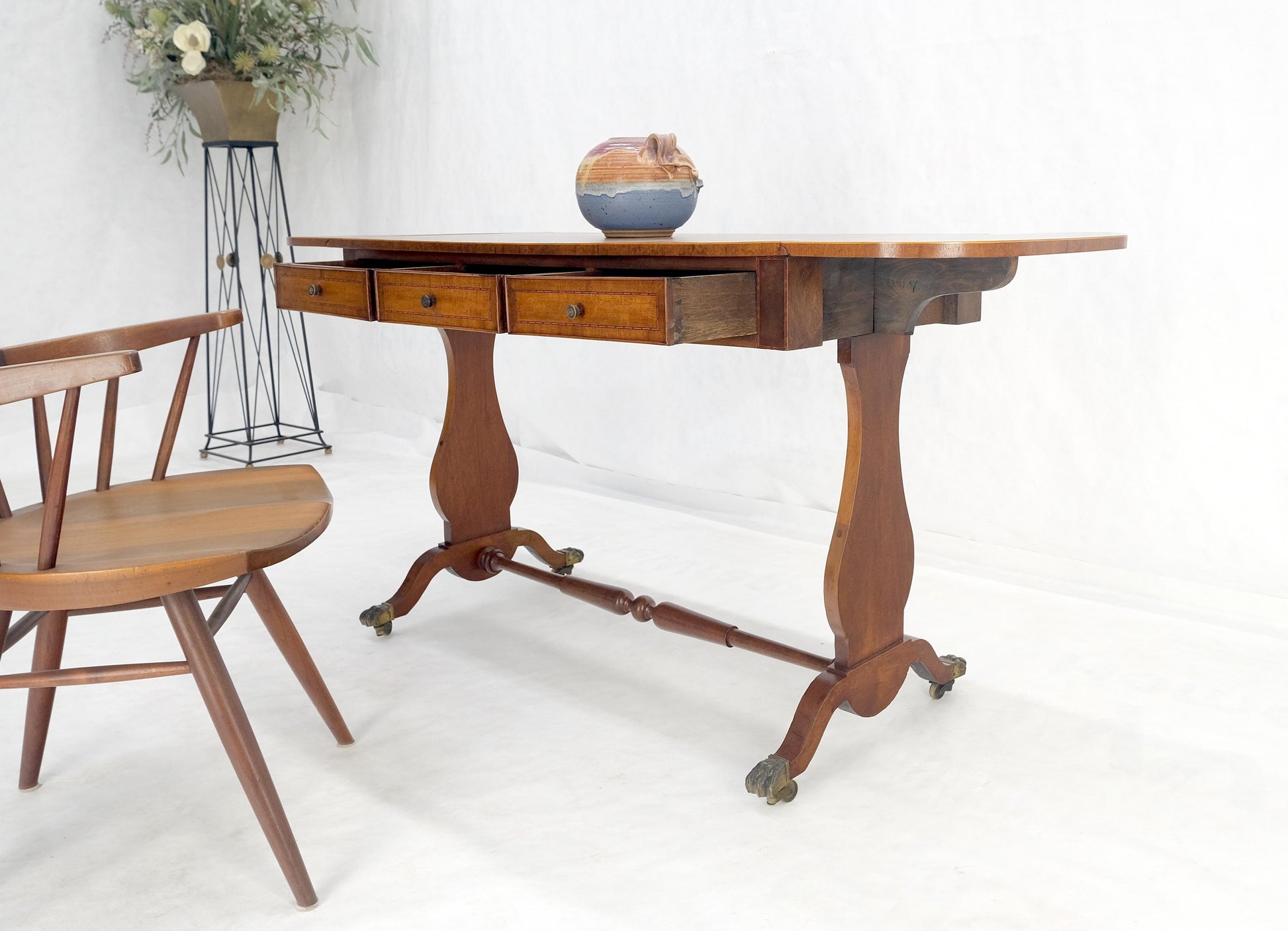 EstablishedLines Drop Leaf Sides Dovetail Drawers Banded Inlaid Top Console Writing Library Table