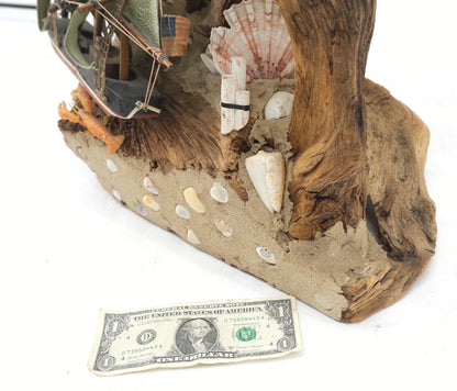 EstablishedLines Sea Naval Shells Theme Decorated Driftwood Base Table Lamp Mid-Century Modern