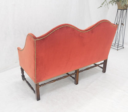 EstablishedLines William & Mary Style Brick Red Camel Back Upholstery Walnut Base Sofa Loveseat
