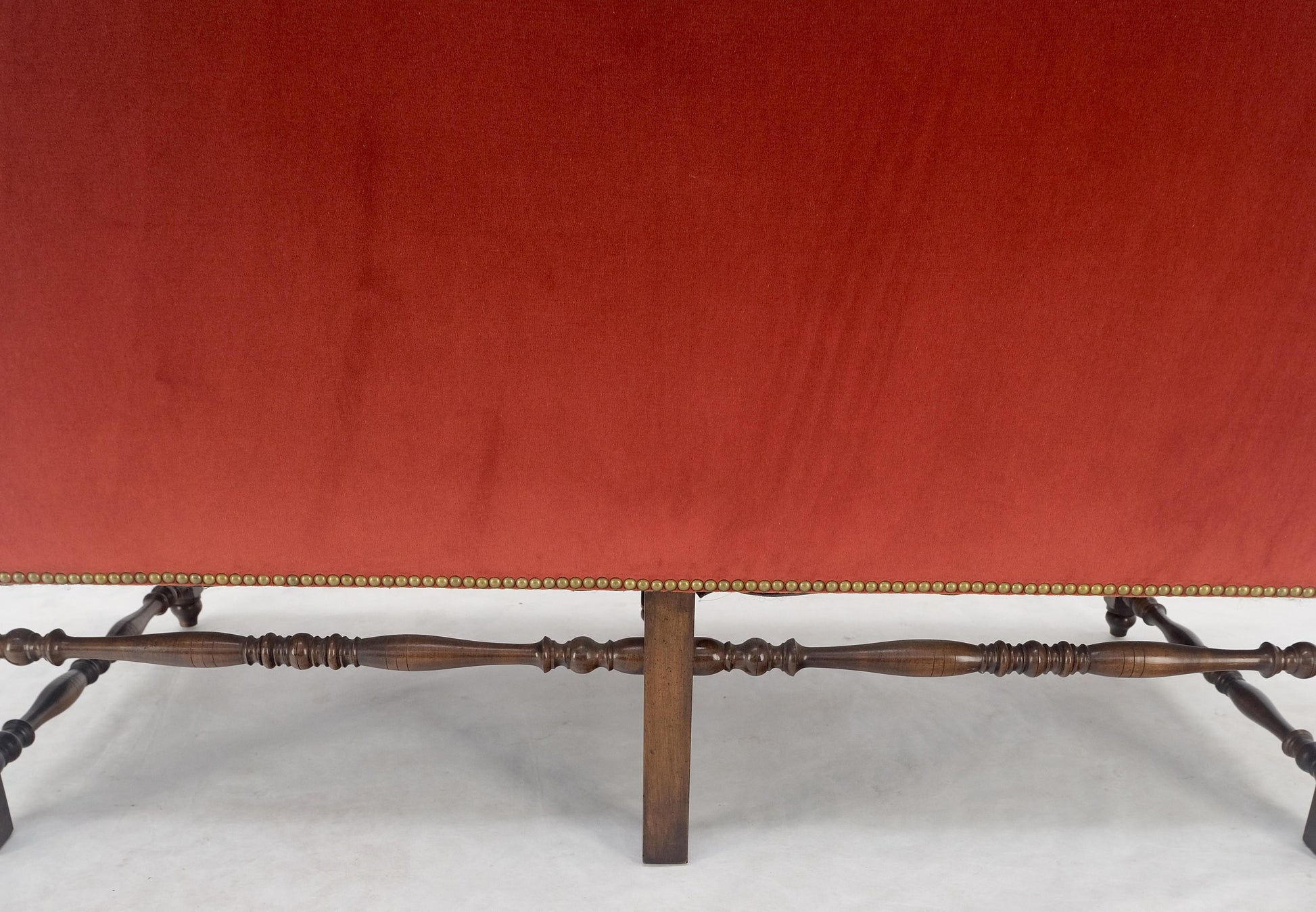 EstablishedLines William & Mary Style Brick Red Camel Back Upholstery Walnut Base Sofa Loveseat