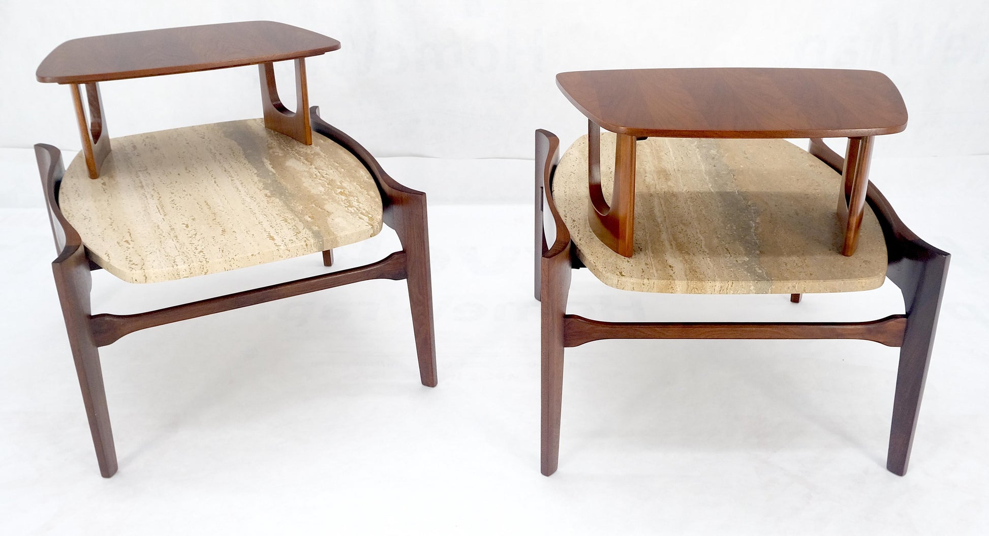 EstablishedLines Pair of Bertha Schaefer Walnut Travertine Top Step Side End Tables Stands MINT!