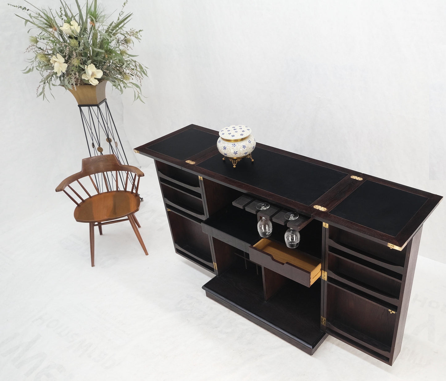 Fold Away Flip Top Bar Wine Rack Liquor Custom Cabinet Ebonized Oak MINT!
