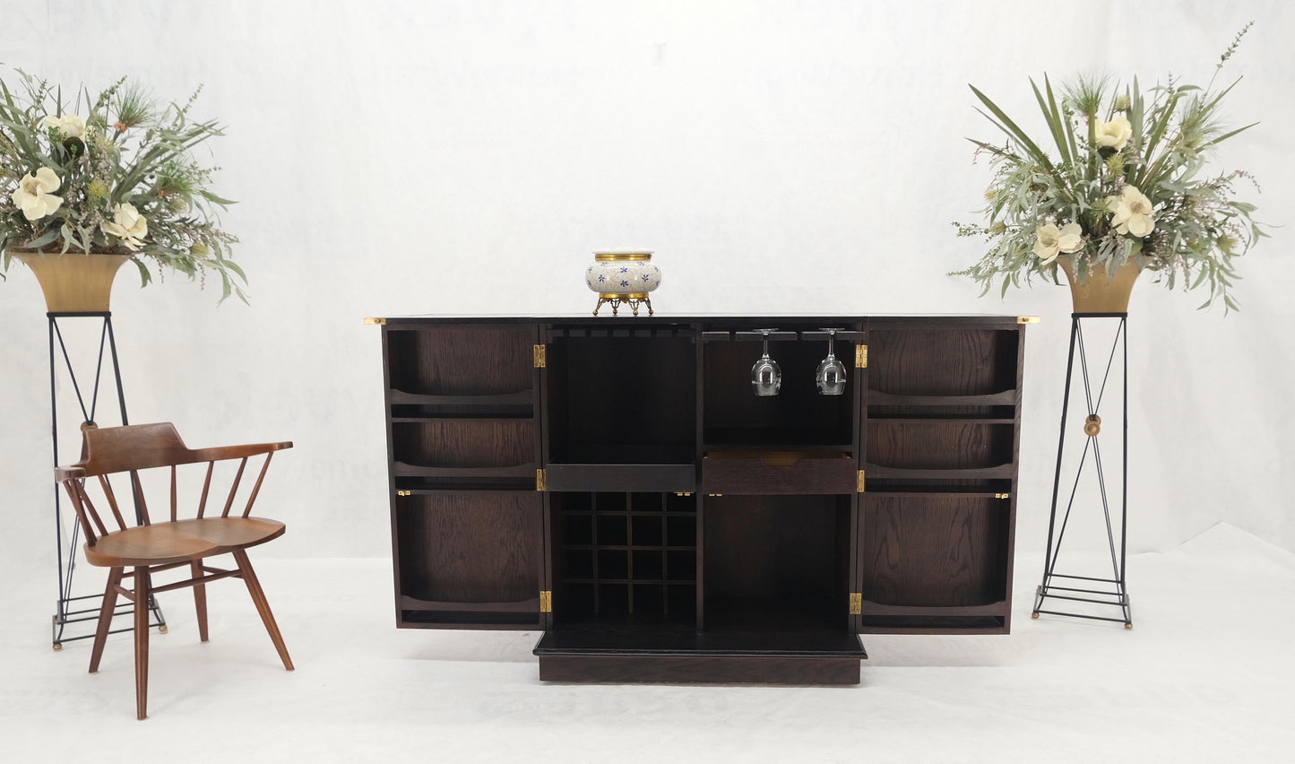 Fold Away Flip Top Bar Wine Rack Liquor Custom Cabinet Ebonized Oak MINT!