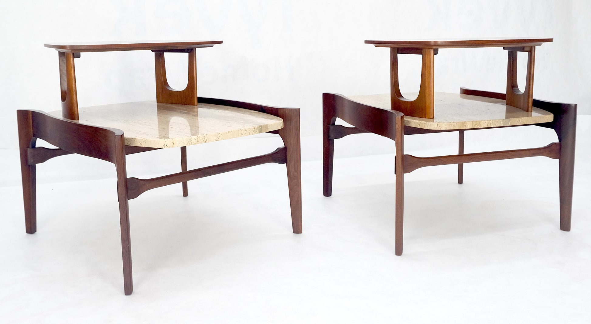 EstablishedLines Pair of Bertha Schaefer Walnut Travertine Top Step Side End Tables Stands MINT!