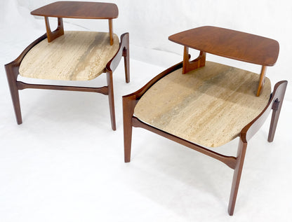 EstablishedLines Pair of Bertha Schaefer Walnut Travertine Top Step Side End Tables Stands MINT!