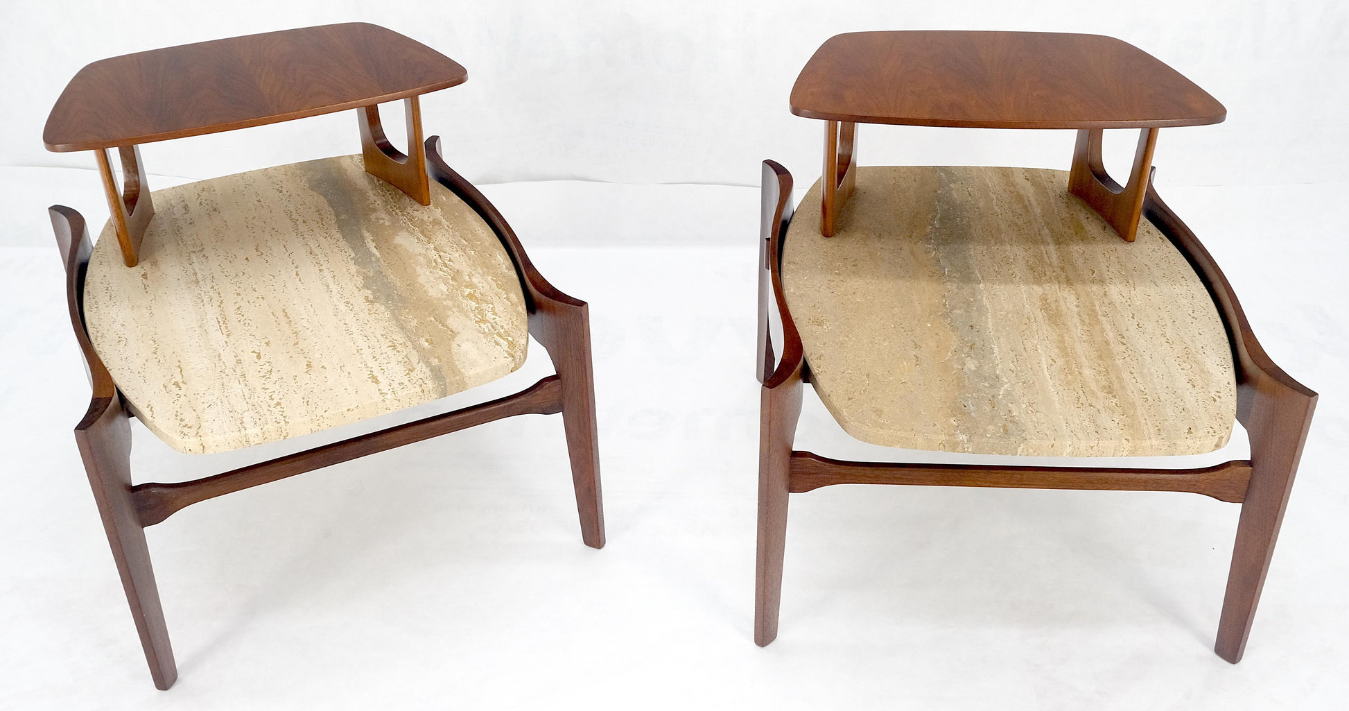 EstablishedLines Pair of Bertha Schaefer Walnut Travertine Top Step Side End Tables Stands MINT!