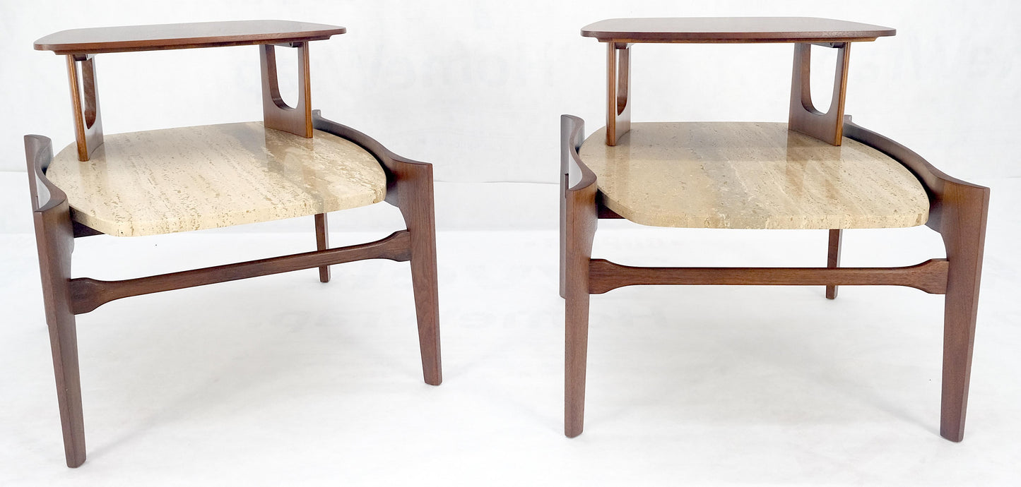 EstablishedLines Pair of Bertha Schaefer Walnut Travertine Top Step Side End Tables Stands MINT!