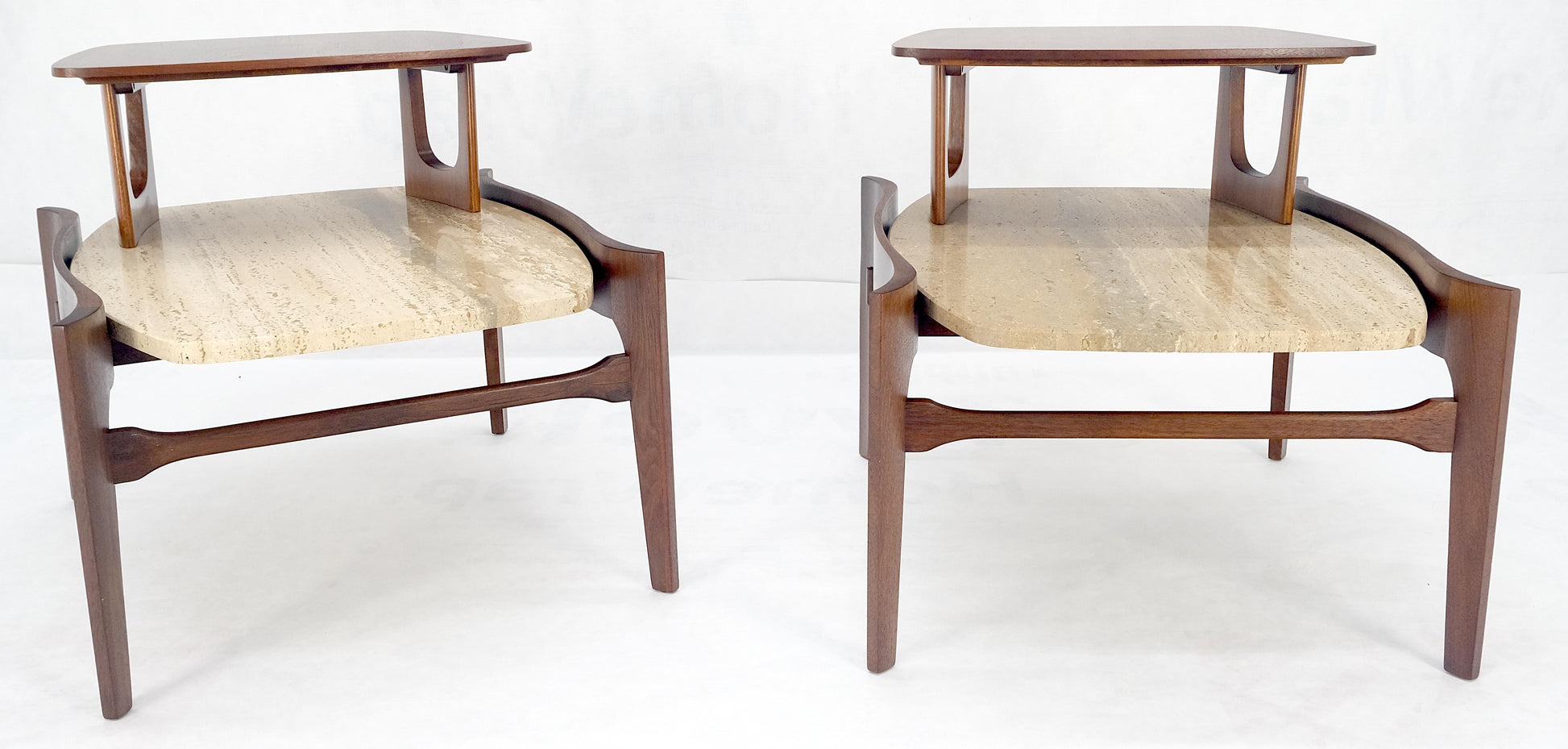 EstablishedLines Pair of Bertha Schaefer Walnut Travertine Top Step Side End Tables Stands MINT!