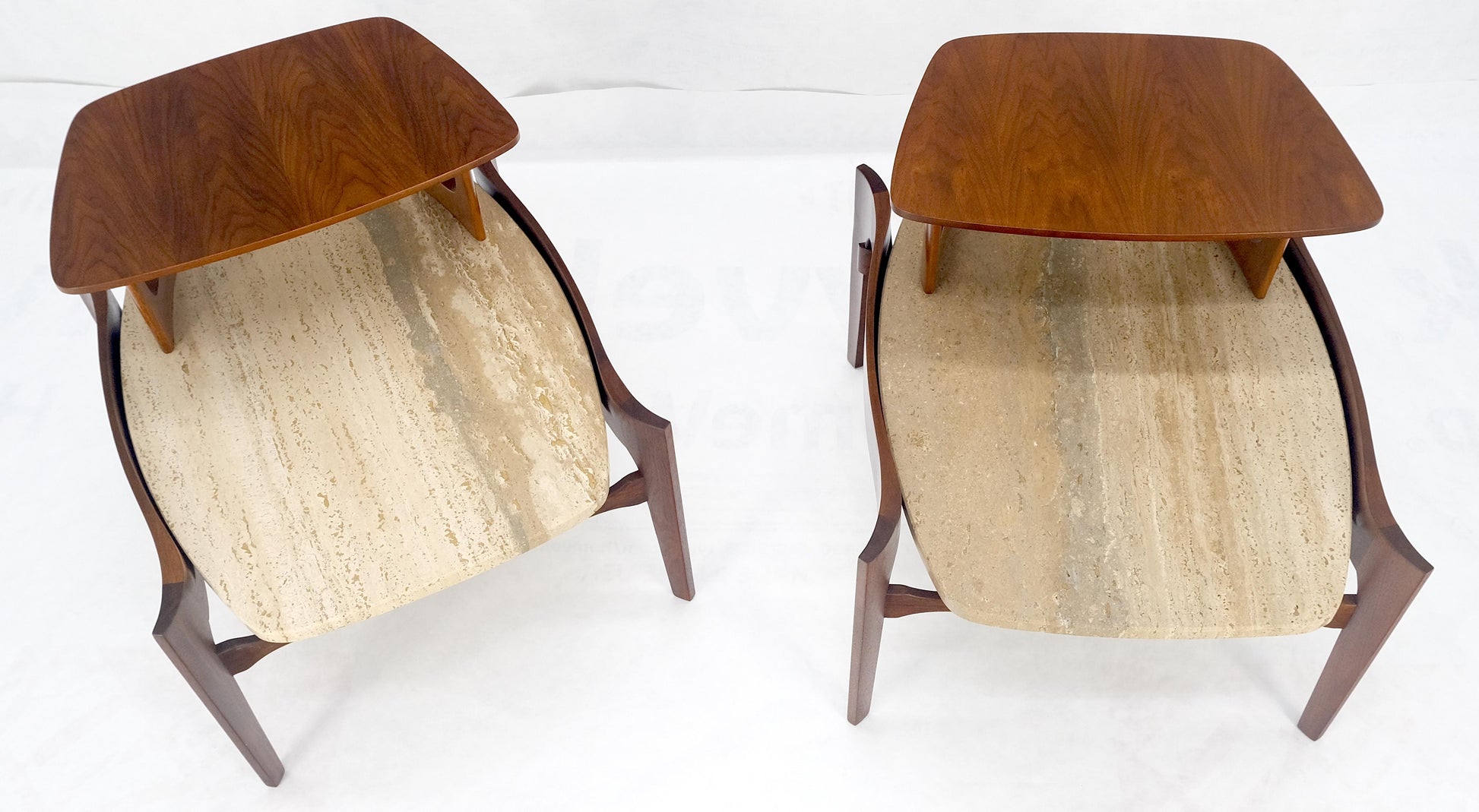 EstablishedLines Pair of Bertha Schaefer Walnut Travertine Top Step Side End Tables Stands MINT!