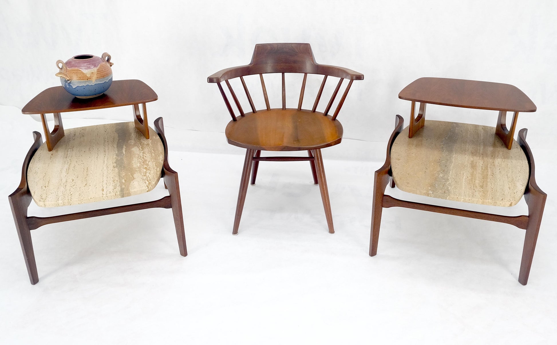 EstablishedLines Pair of Bertha Schaefer Walnut Travertine Top Step Side End Tables Stands MINT!