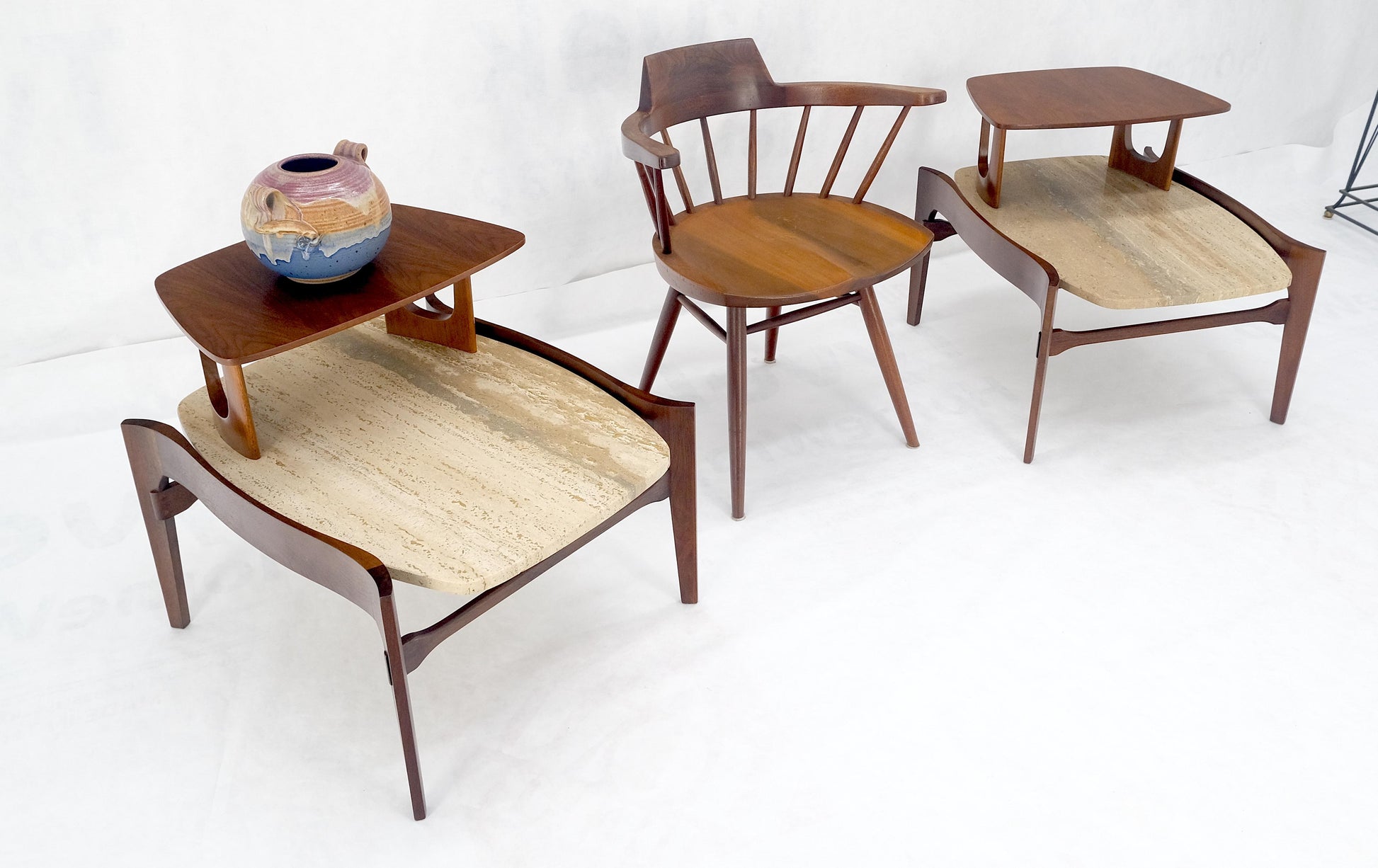 EstablishedLines Pair of Bertha Schaefer Walnut Travertine Top Step Side End Tables Stands MINT!