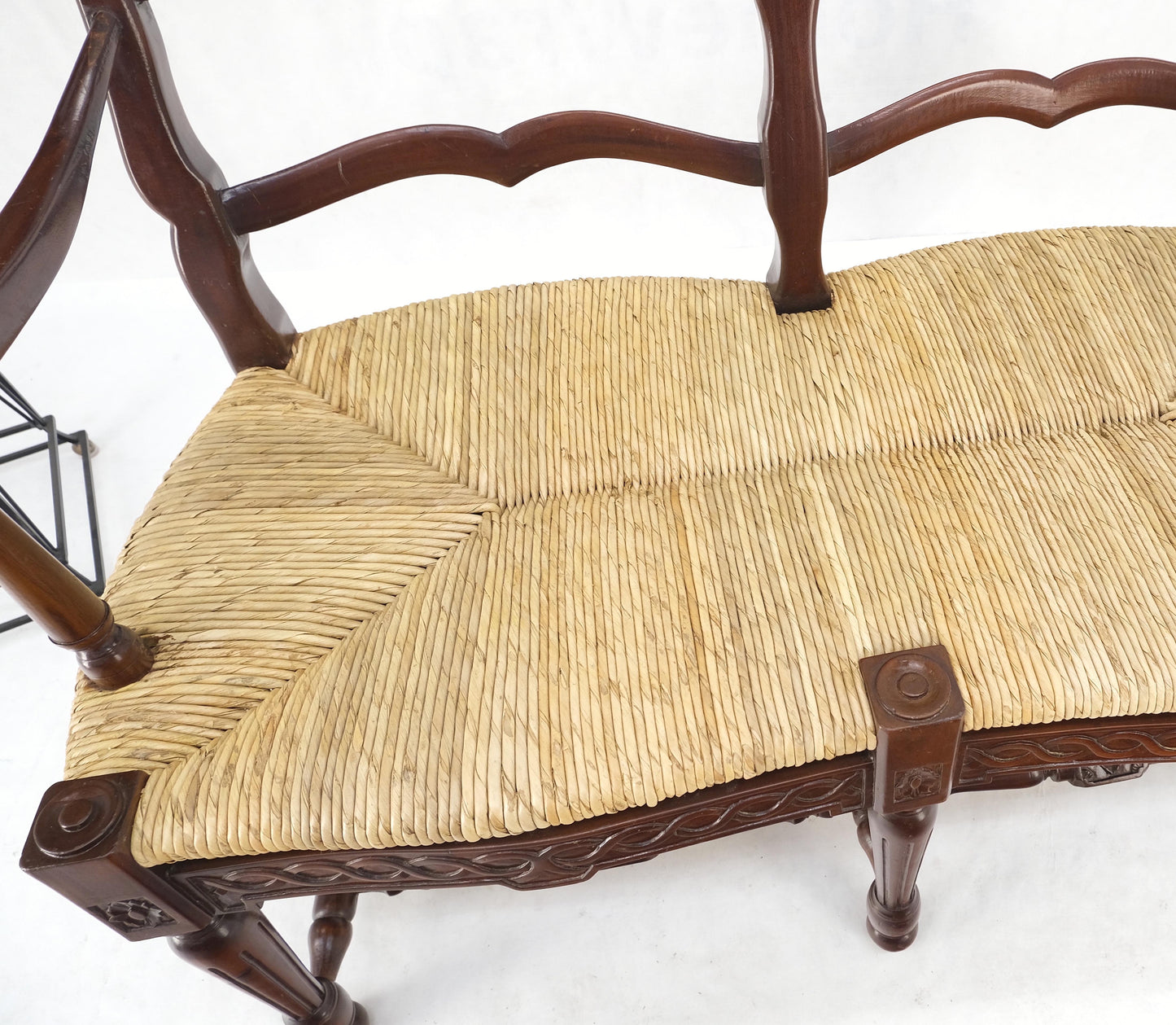 Carved Mahogany Ladder Back Country Rush Seat Loveseat Bench MINT!