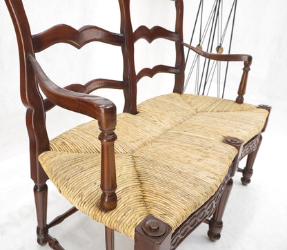Carved Mahogany Ladder Back Country Rush Seat Loveseat Bench MINT!