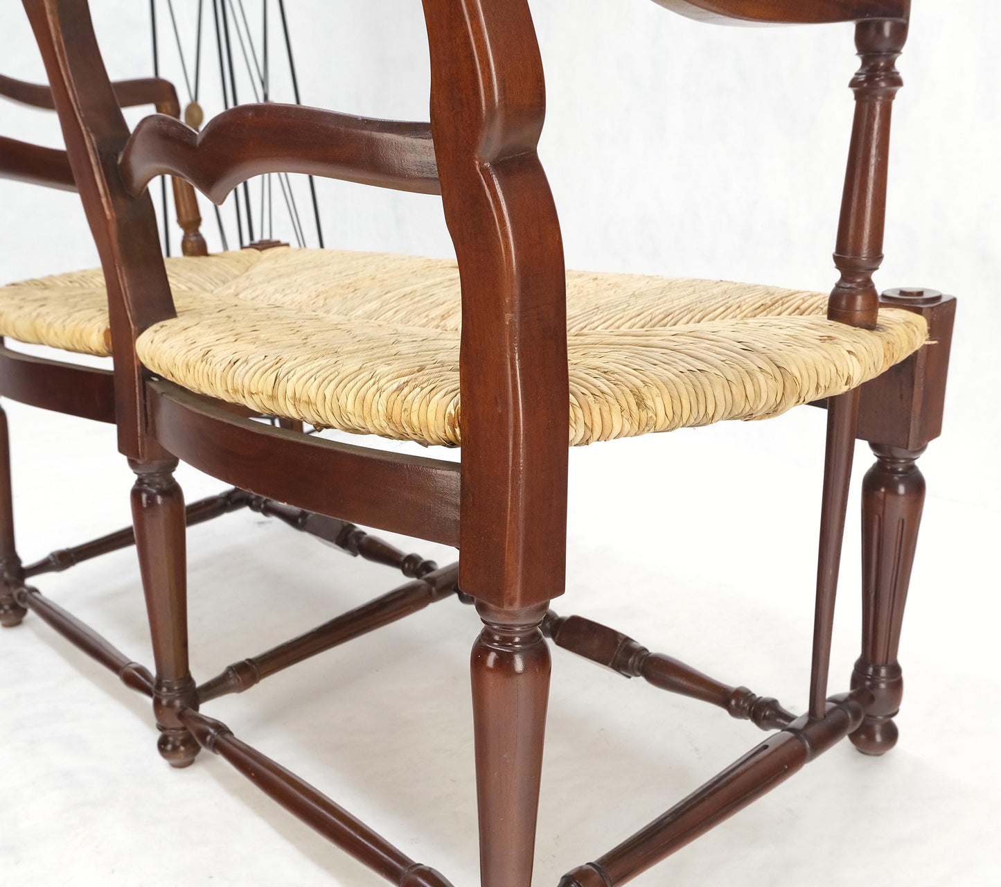 Carved Mahogany Ladder Back Country Rush Seat Loveseat Bench MINT!