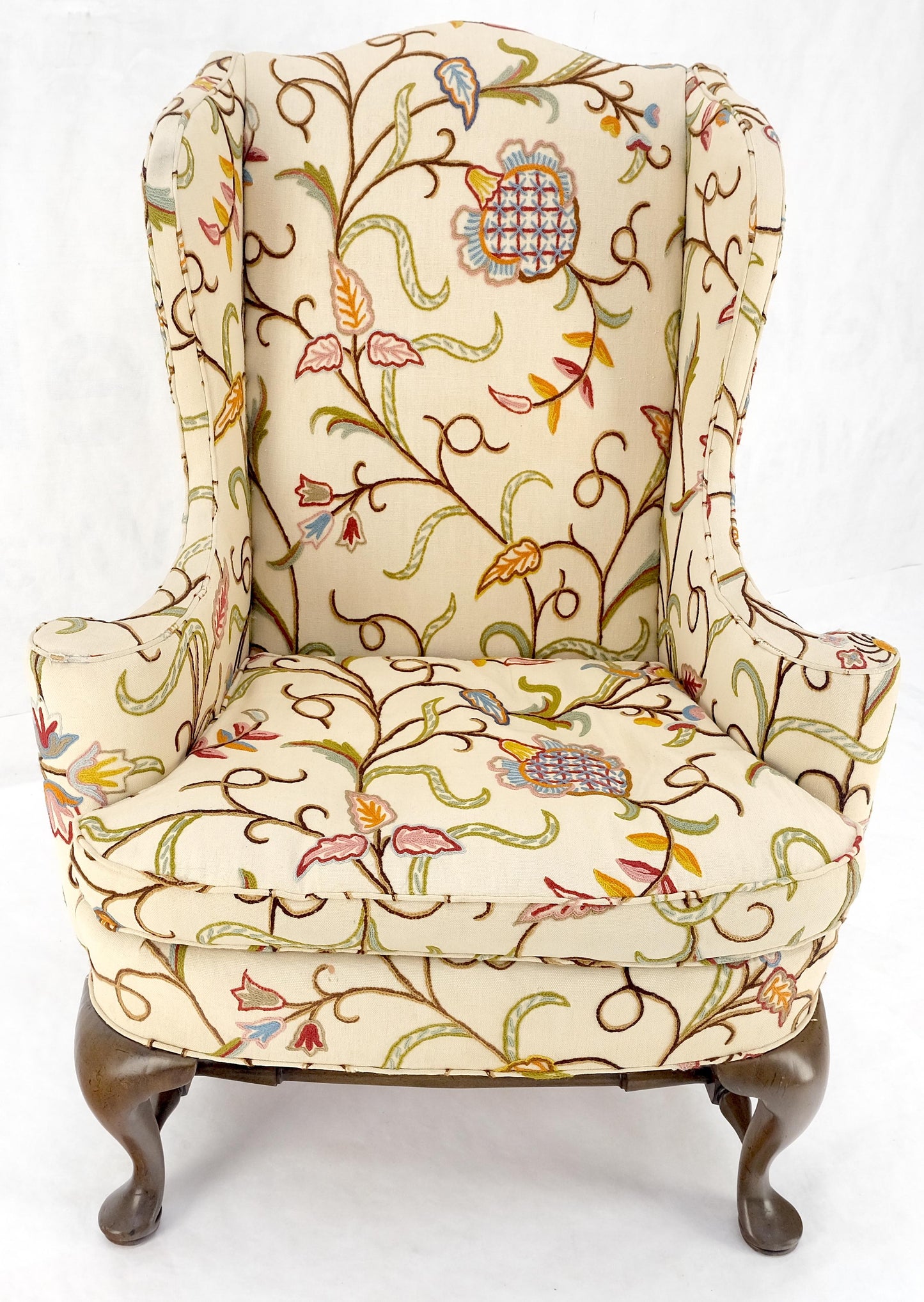 Hand Stitched Floral Pattern Wide Queen Ann Base Wind Lounge Club Chair 1940s